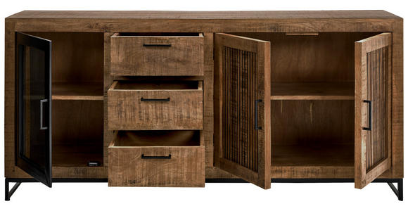 SIDEBOARD Mangoholz massiv Naturfarben, Hellbraun  - Hellbraun/Schwarz, Design, Glas/Holz (175/80/40cm) - Carryhome