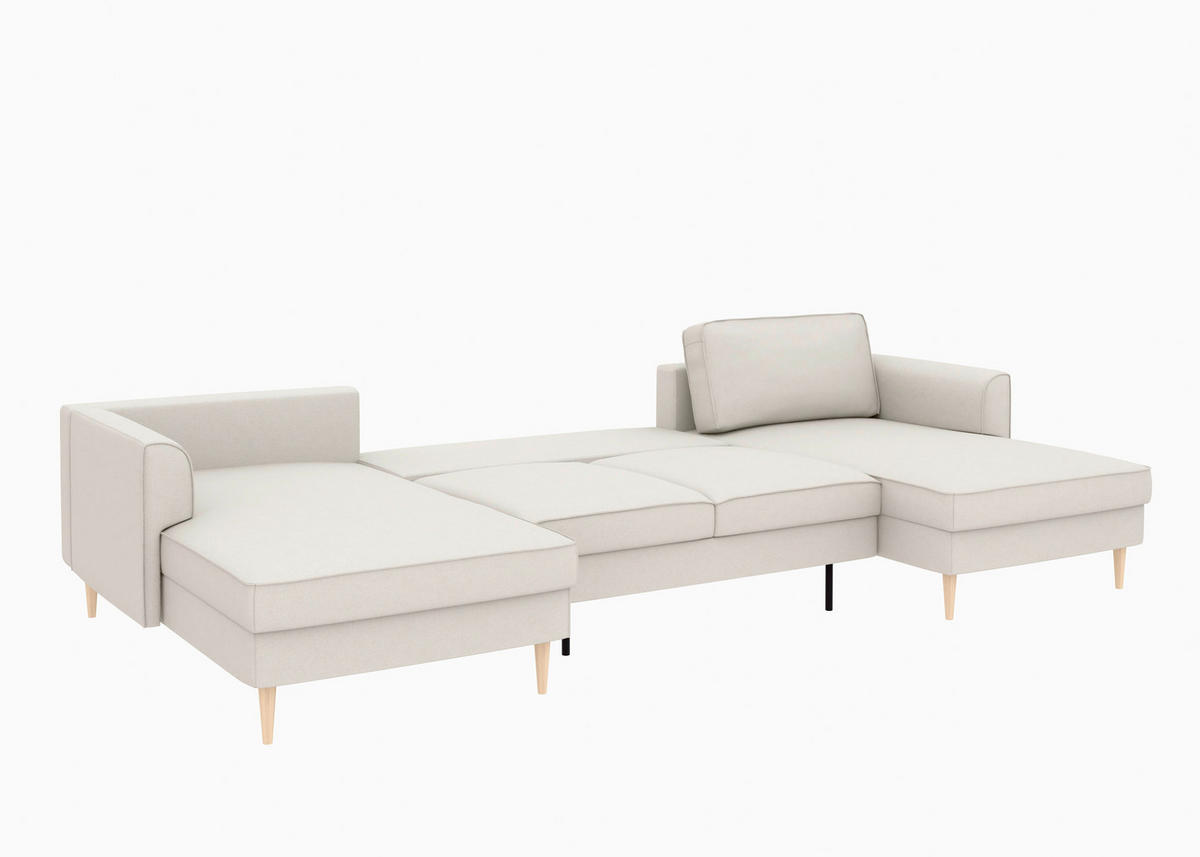 WOHNLANDSCHAFT Sandfarben Struktur  - Sandfarben/Buchefarben, MODERN, Holz/Textil (161/306/161cm) - Trendmanufaktur