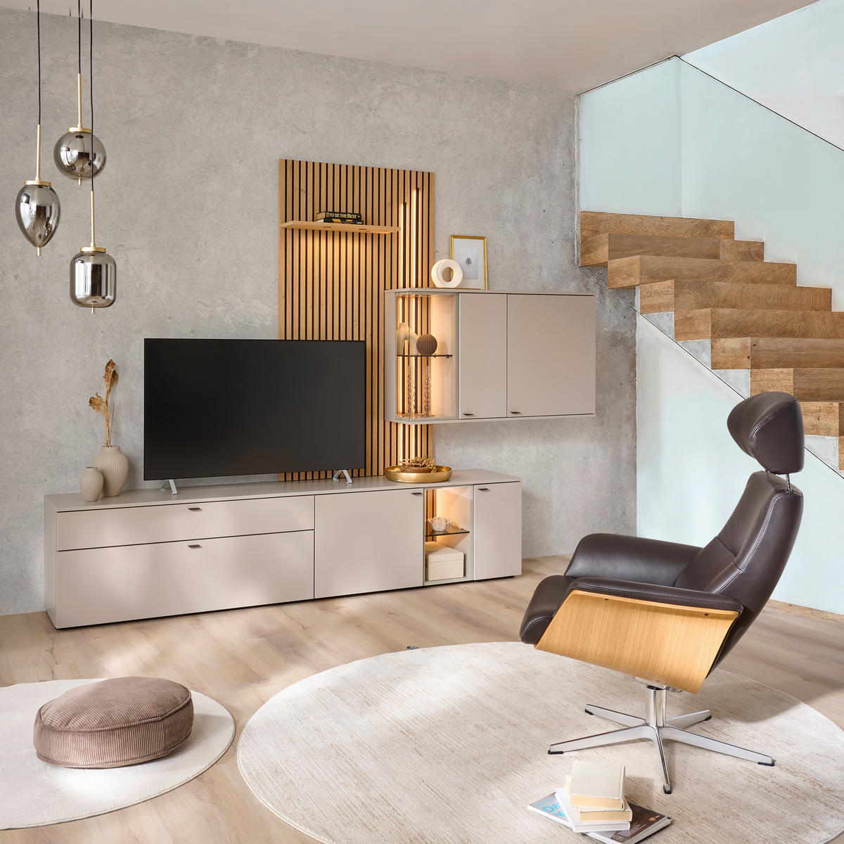 WOHNWAND  Eichefarben, Seidengrau 300/224/43 cm  - Eichefarben/Seidengrau, Design, Glas/Holz (300/224/43cm) - Venjakob