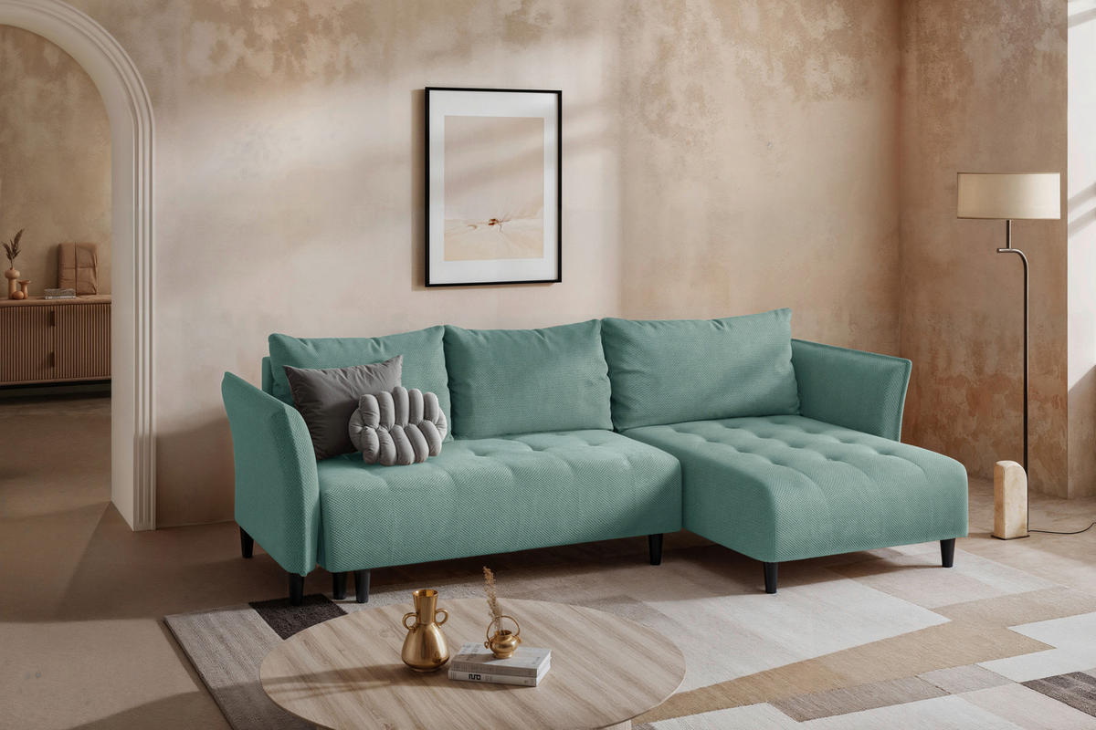 ECKSOFA MONTE CARLO Mintgrün Struktur, Plüsch  - Schwarz/Mintgrün, Trend, Textil (290/160cm) - MID.YOU