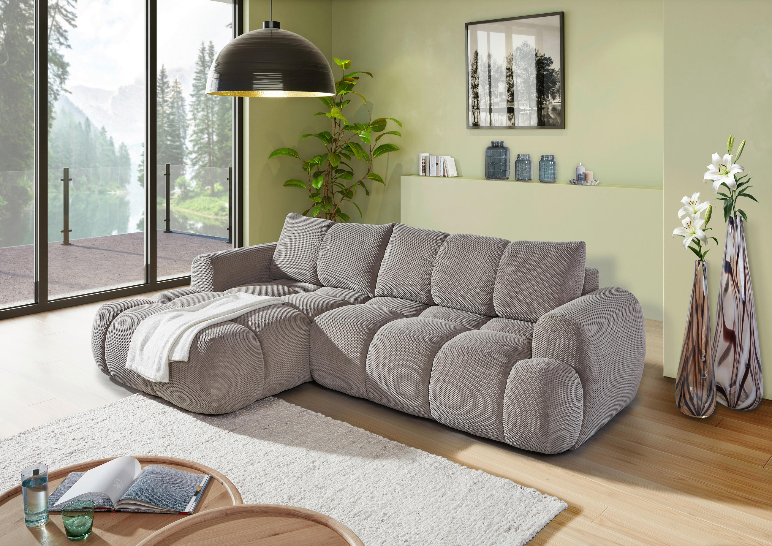 ECKSOFA in Flachgewebe Greige  - Greige/Schwarz, Konventionell, Kunststoff/Textil (174/274cm) - Carryhome