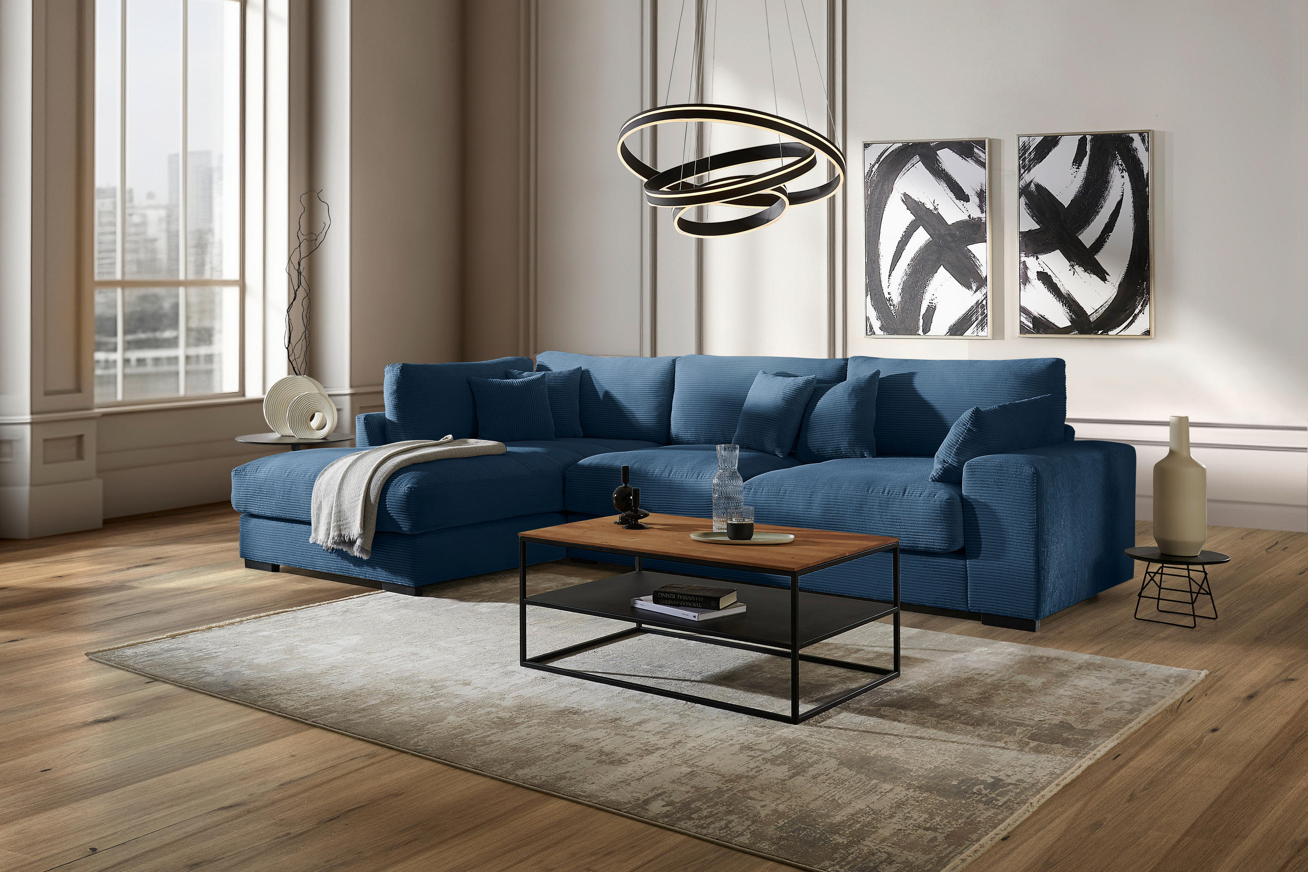 ECKSOFA Dunkelblau Cord  - Schwarz/Dunkelblau, Design, Kunststoff/Textil (340/205cm) - home24