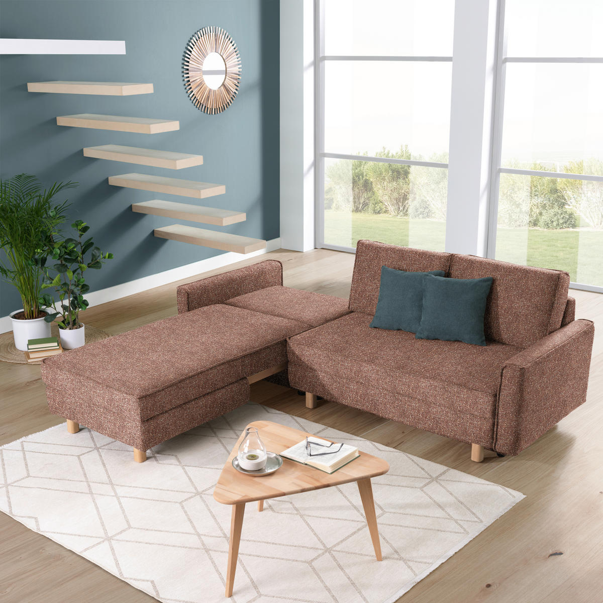 ECKSOFA  in Mikrovelours Terracotta  170/237 cm  - Eichefarben/Terracotta, KONVENTIONELL, Holz/Textil (170/237cm) - Sedda