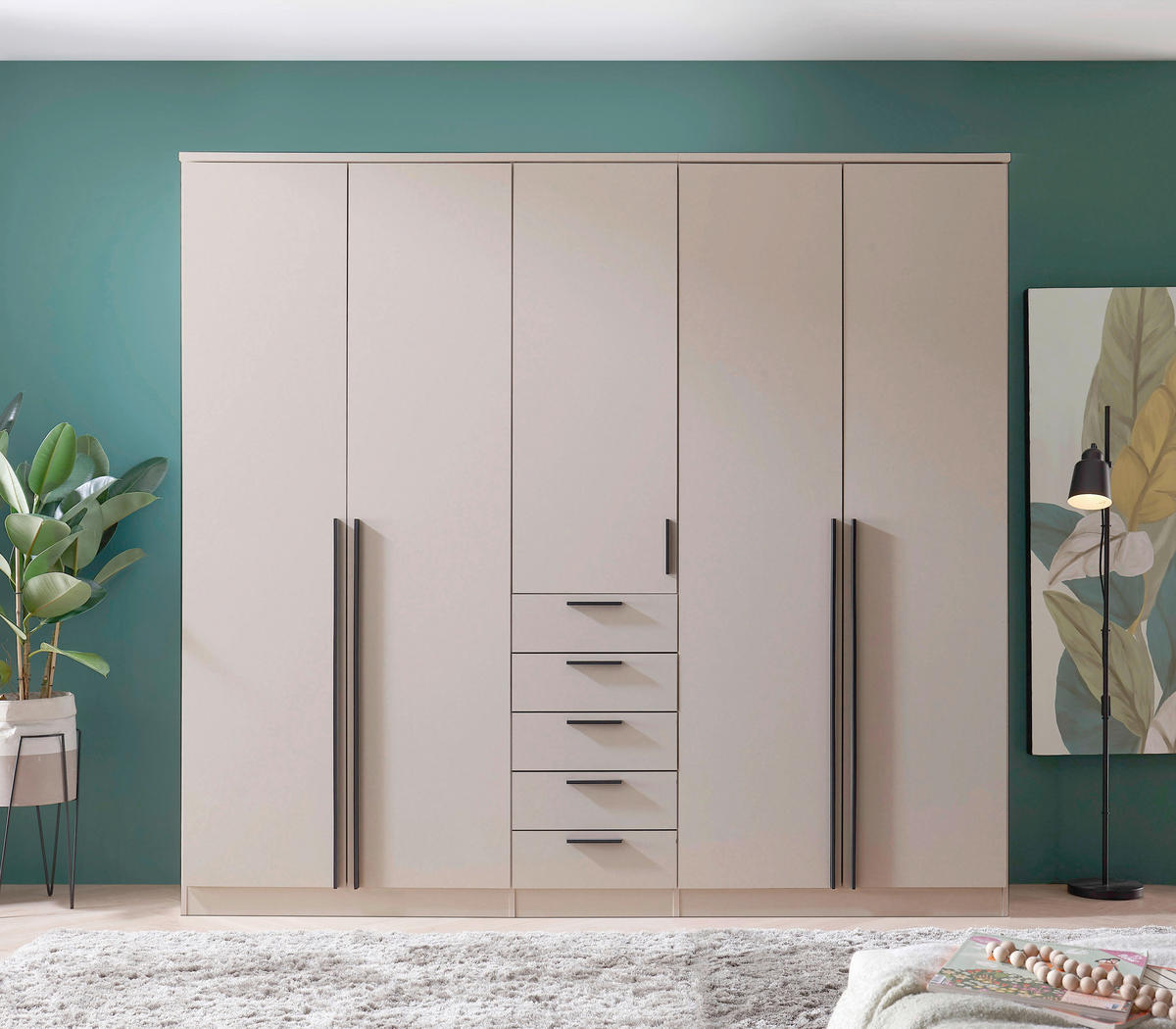 KLEIDERSCHRANK 225/210/52 cm,  in Kaschmir, 5-türig  - Kaschmir/Schwarz, KONVENTIONELL, Holzwerkstoff/Kunststoff (225/210/52cm) - Livetastic