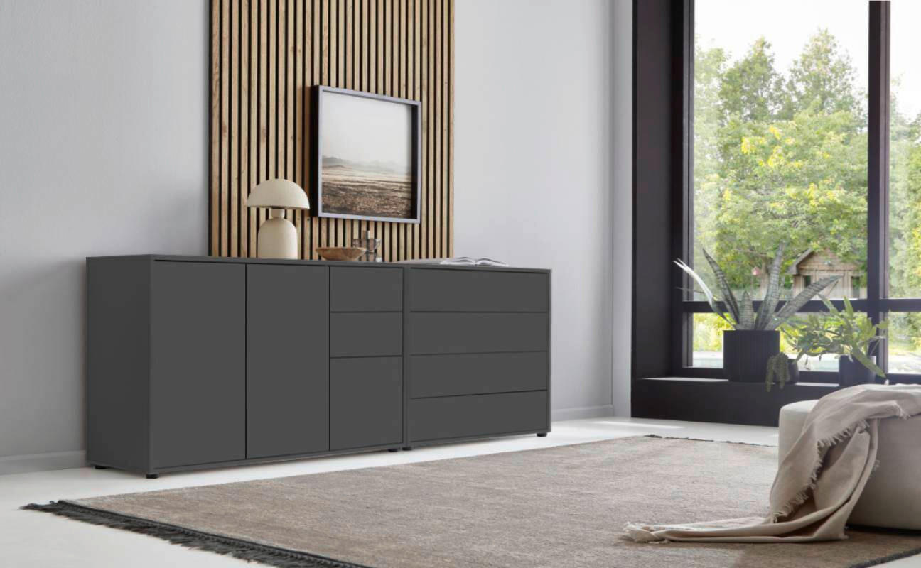 SIDEBOARD Mailand Set 9  in 184,5/73/33 cm  - Anthrazit/Schwarz, MODERN, Holzwerkstoff/Kunststoff (184,5/73/33cm) - MID.YOU
