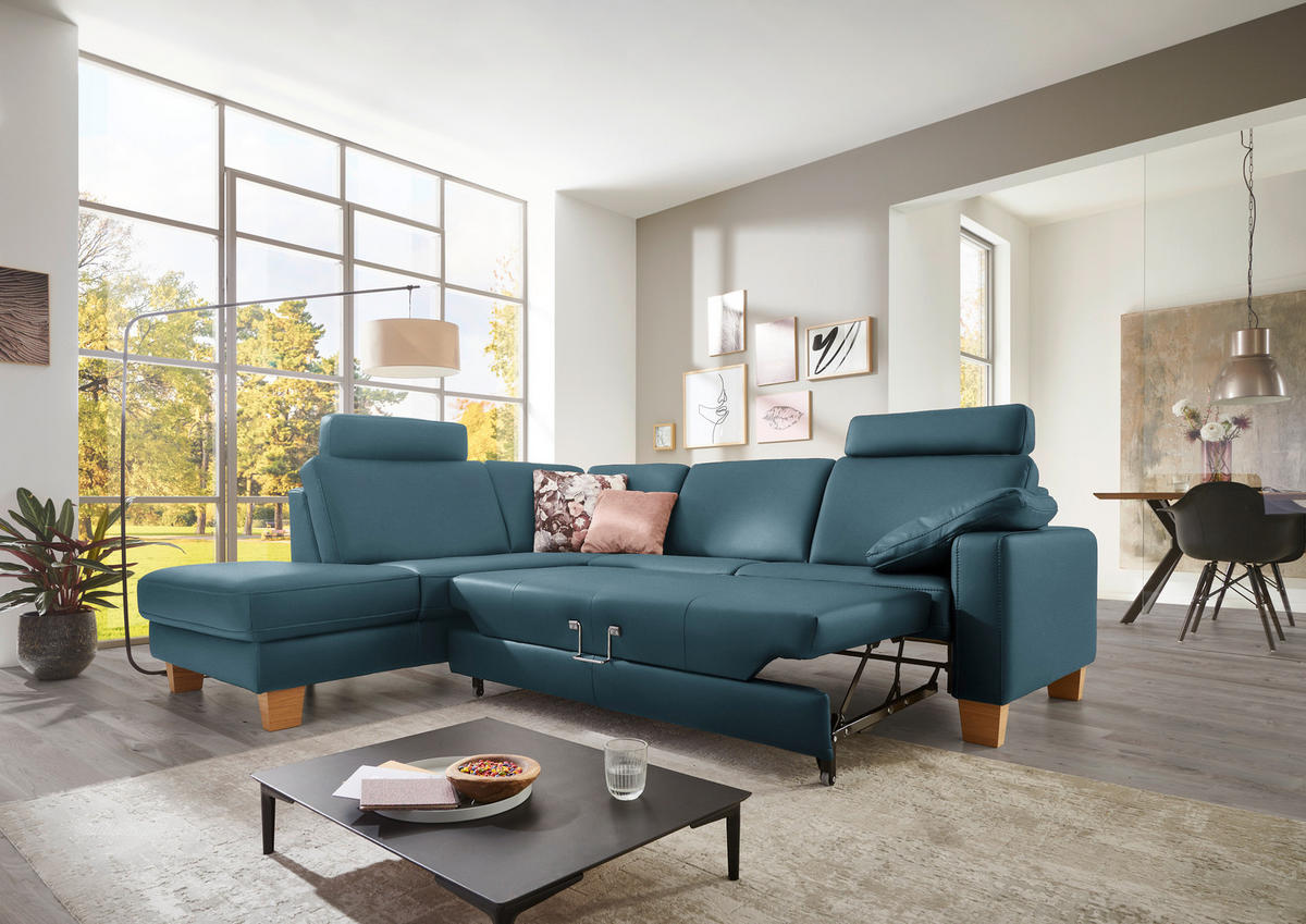 ECKSOFA in Echtleder Blau  - Blau/Eiche Bianco, Konventionell, Leder/Holz (235/257cm) - Valdera