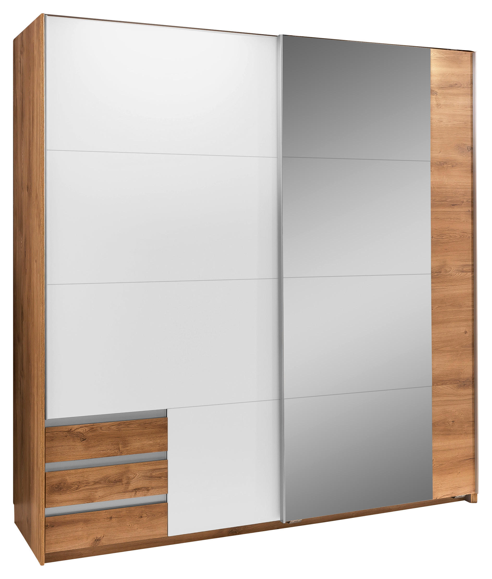 SCHWEBETÜRENSCHRANK 179/198/64 cm 2-türig Weiß, Plankeneiche  - Plankeneiche/Alufarben, Design, Glas/Holzwerkstoff (179/198/64cm) - Boxxx