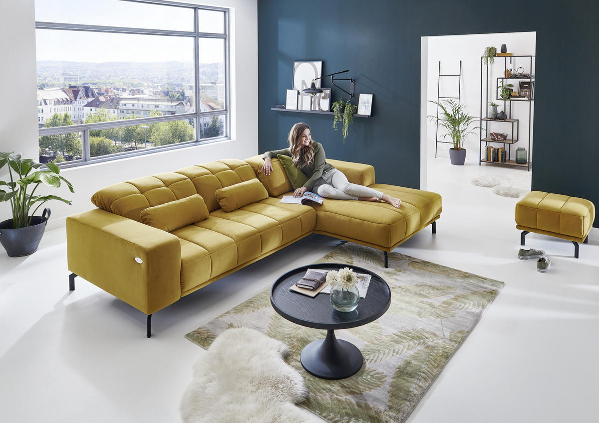 ECKSOFA in Velours Currygelb  - Currygelb/Schwarz, Design, Textil/Metall (195/293cm) - Beldomo Style