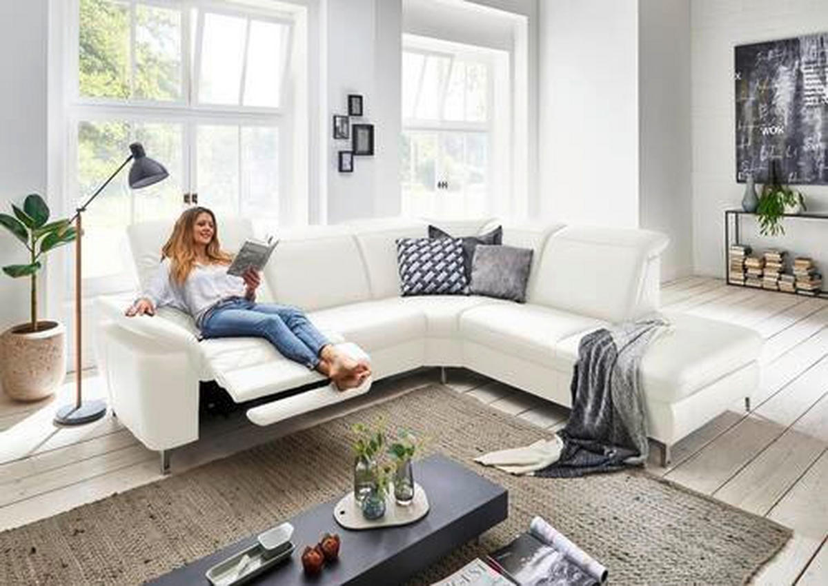 ECKSOFA in Echtleder Weiss  - Weiss/Alufarben, Design, Leder/Metall (242/292cm) - Cantus