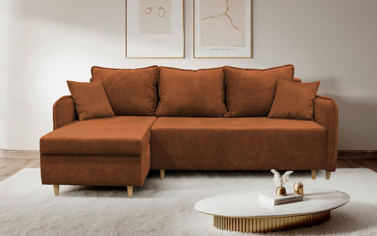 ECKSOFA TEDDY in Cord, Bouclé Rot  142/215 cm  - Rot/Naturfarben, Design, Holz/Textil (142/215cm) - MID.YOU