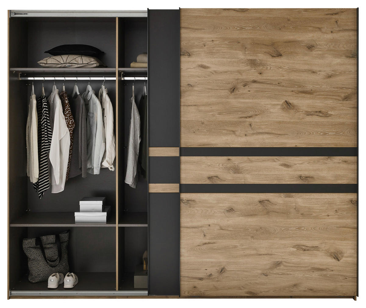 SCHWEBETÜRENSCHRANK  in Graphitfarben, Eichefarben  - Eichefarben/Graphitfarben, Design, Holzwerkstoff/Metall (270/228/60cm) - Xora