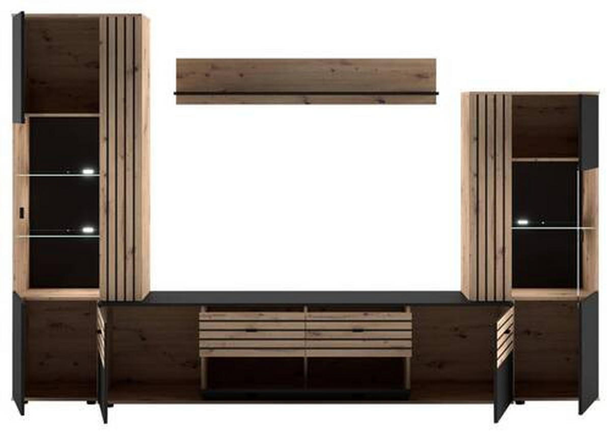 WOHNWAND  in Schwarz, Eiche Artisan  300/199,8/45 cm  - Schwarz/Eiche Artisan, KONVENTIONELL, Glas/Holzwerkstoff (300/199,8/45cm) - Carryhome