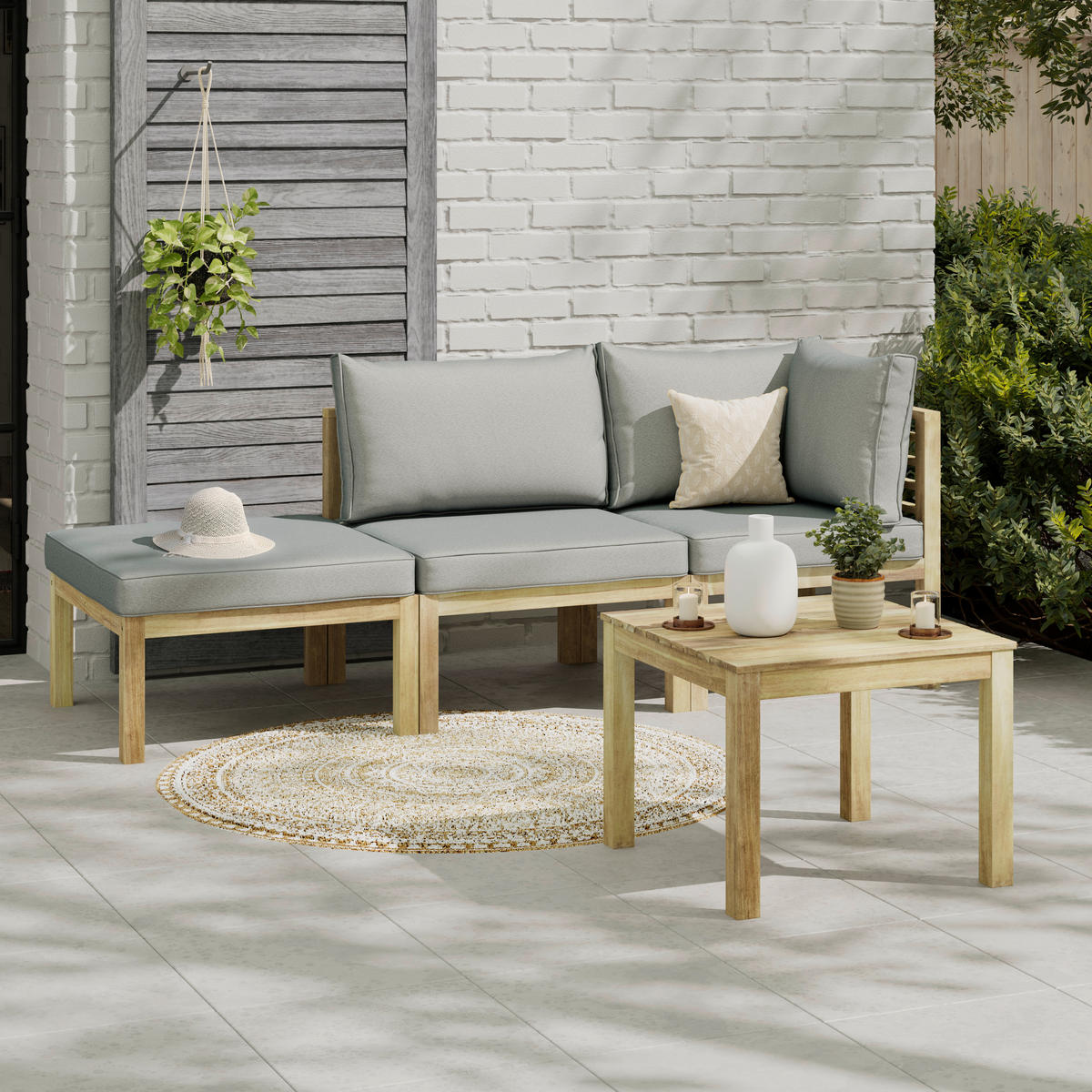 Set De Mobilier Pentru Balcon  4 piese  - culoare lemn acacia/gri, Natur, lemn/textil (65/65/65cm) - Ambia Garden