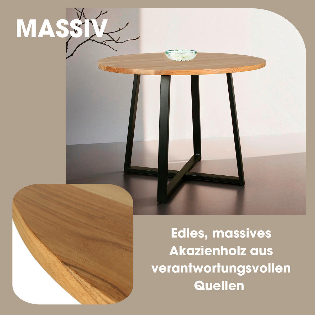 ESSTISCH in Holz, Metall 100/100/77 cm  - Schwarz/Akaziefarben, MODERN, Holz/Metall (100/100/77cm) - MID.YOU