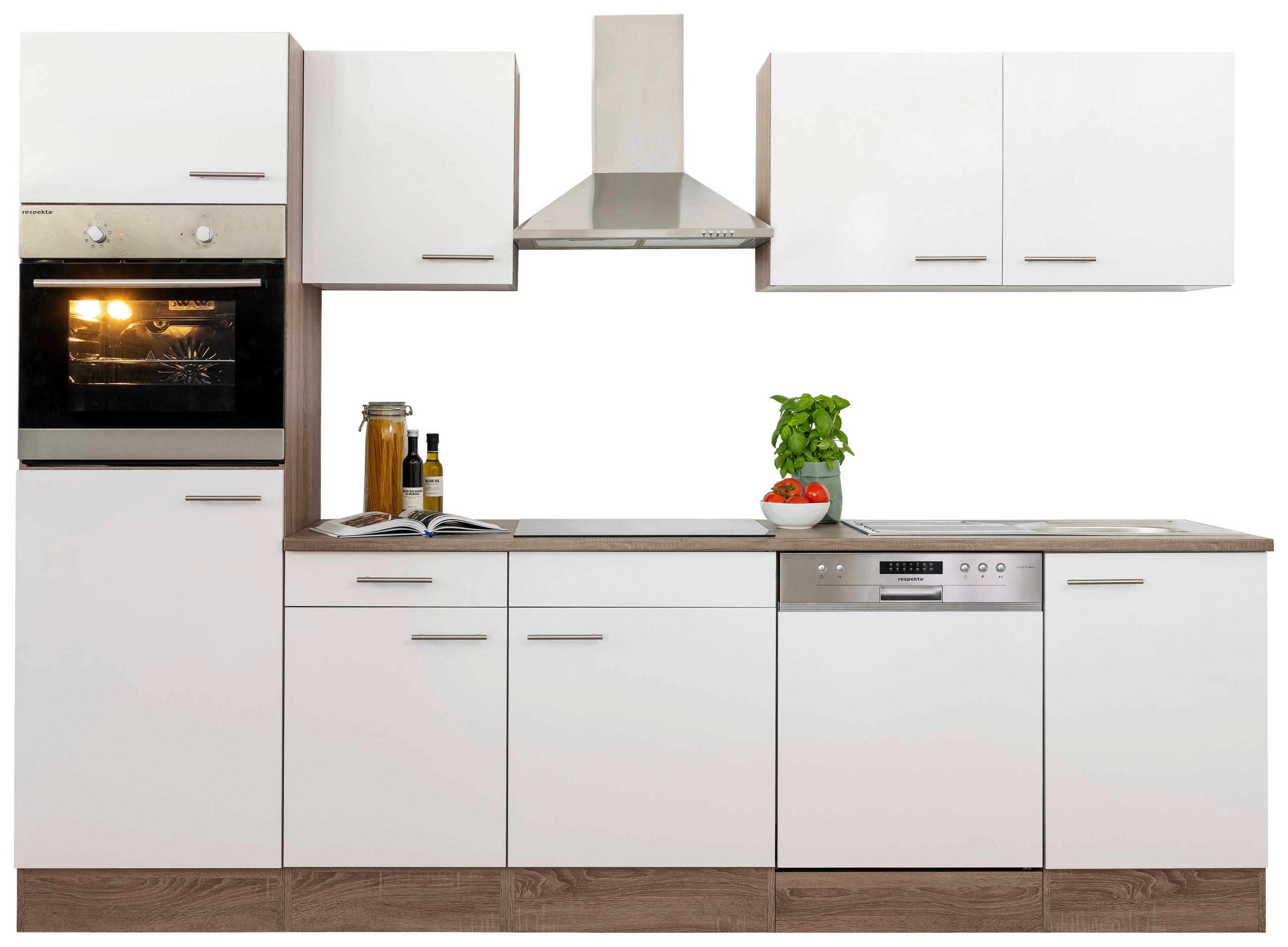 KÜCHENBLOCK 280 cm   in Weiß, Eichefarben  - Edelstahlfarben/Eichefarben, Design, Holzwerkstoff/Metall (280cm) - Respekta