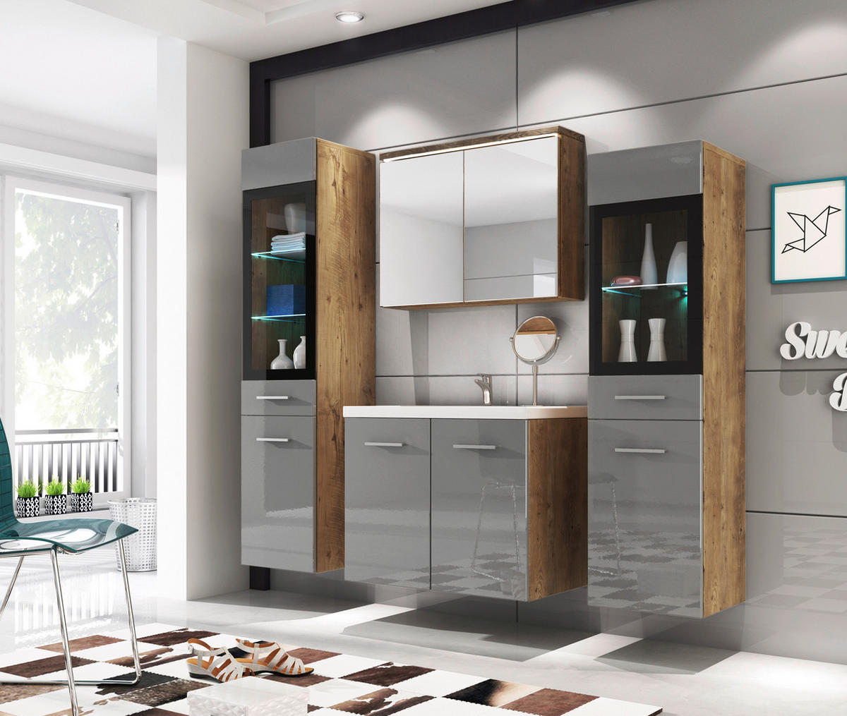 BADEZIMMER 5-teilig  in 120 cm  - Kastanienfarben/Weiss, Basics, Glas/Holzwerkstoff (120cm) - P & B