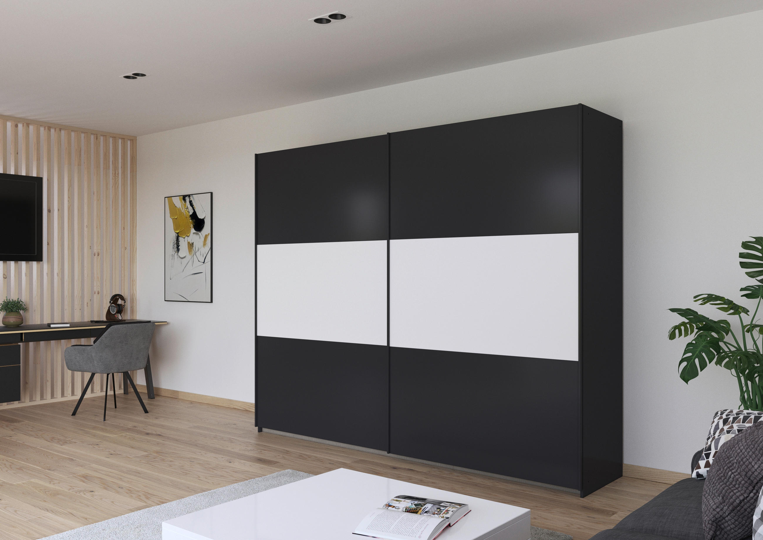 SCHWEBETÜRENSCHRANK 261/210/59 cm 2-türig Grau, Weiß  - Weiß/Grau, MODERN, Holzwerkstoff/Metall (261/210/59cm) - Rauch Möbel