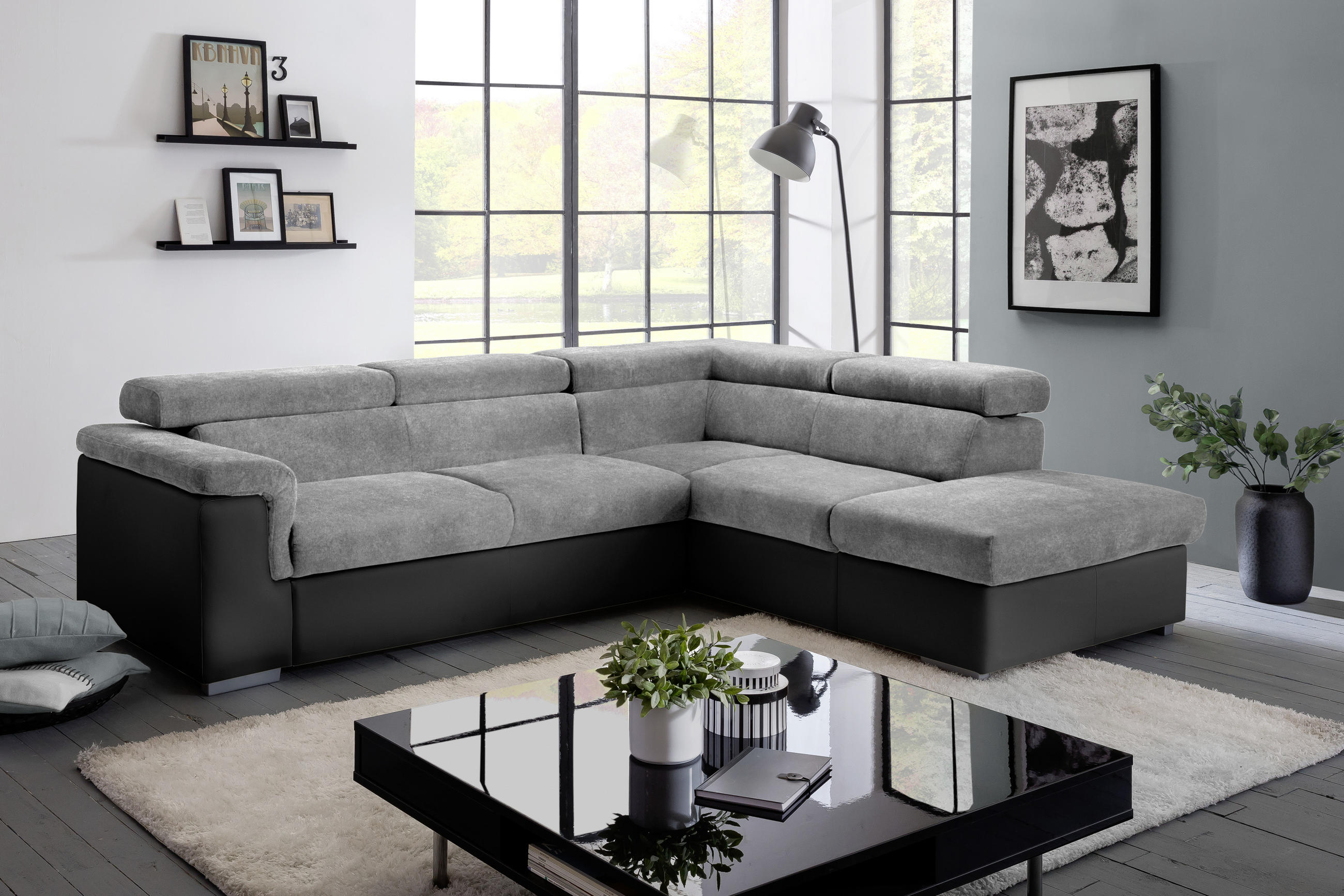 ECKSOFA Grau, Schwarz Lederlook, Flachgewebe  - Schwarz/Grau, Basics, Holz/Textil (252/217cm) - MID.YOU