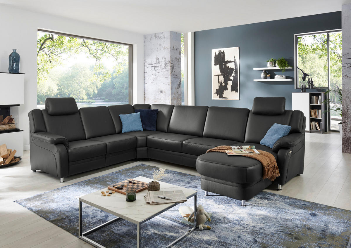 WOHNLANDSCHAFT in Echtleder Anthrazit  - Anthrazit/Alufarben, Konventionell, Leder/Metall (239/329/165cm) - Beldomo Premium