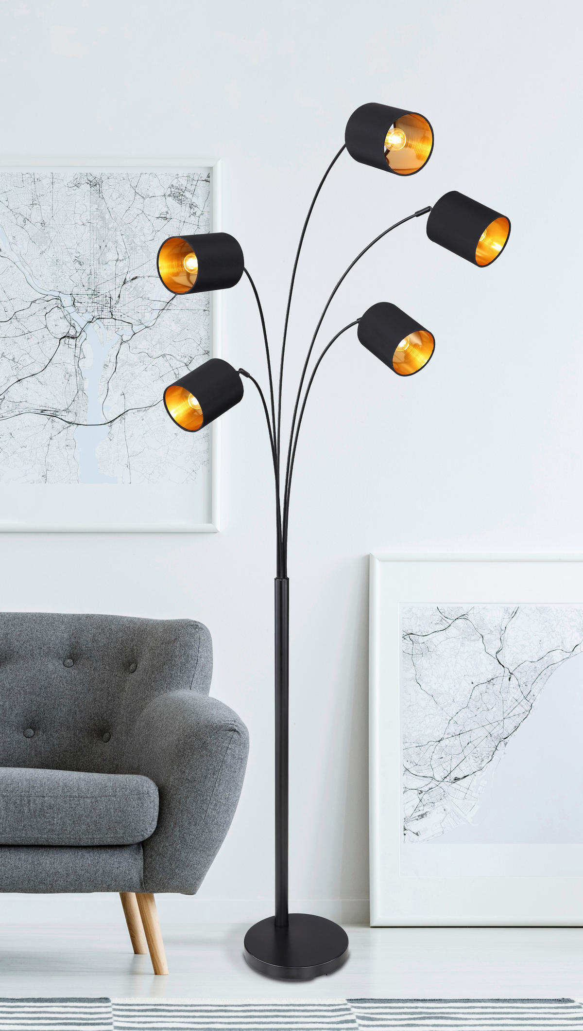 STEHLEUCHTE - Goldfarben/Schwarz, Design, Kunststoff/Textil (74/70/204cm) - Globo