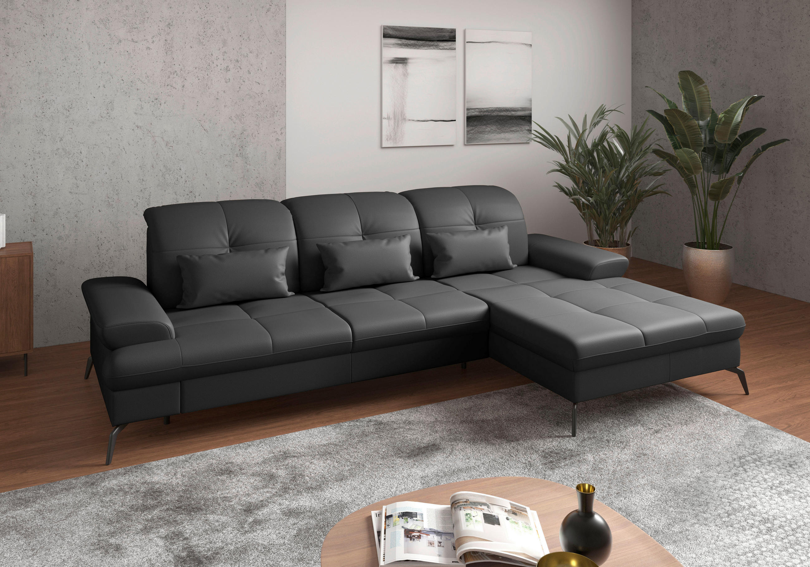 ECKSOFA in Echtleder Schwarz  279/185 cm  - Schwarz, KONVENTIONELL, Leder/Metall (279/185cm) - Sit & More