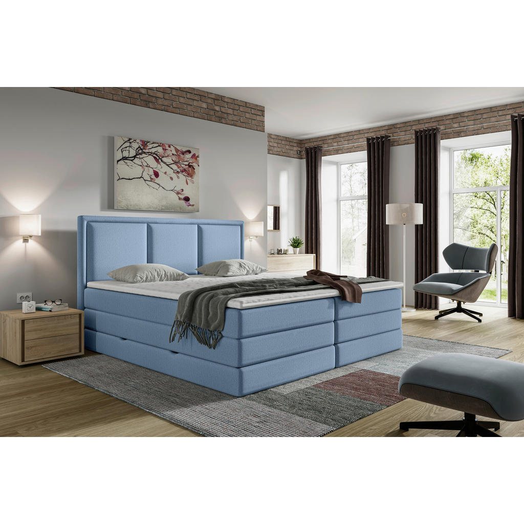 Thumbnail - Mid.you Boxspringbett, Blau, Textil, H3 + H4, 7-Zonen, Höhe ca. 18 cm, 140x200 cm, Bettkasten, gepolstertes Kopfteil, To...