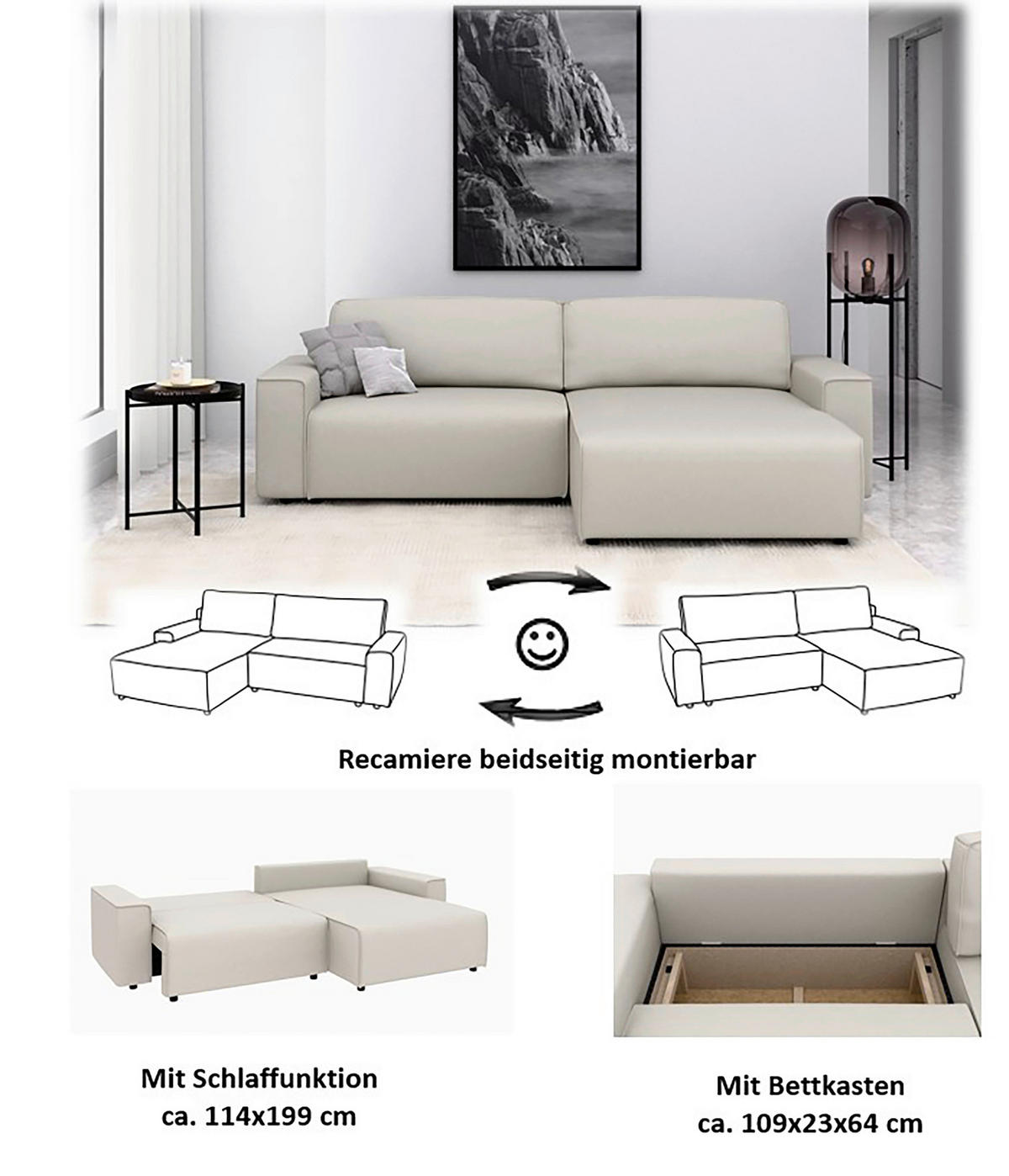 ECKSOFA in Struktur Sandfarben  - Sandfarben/Schwarz, Modern, Kunststoff/Textil (265/164cm) - Trendmanufaktur