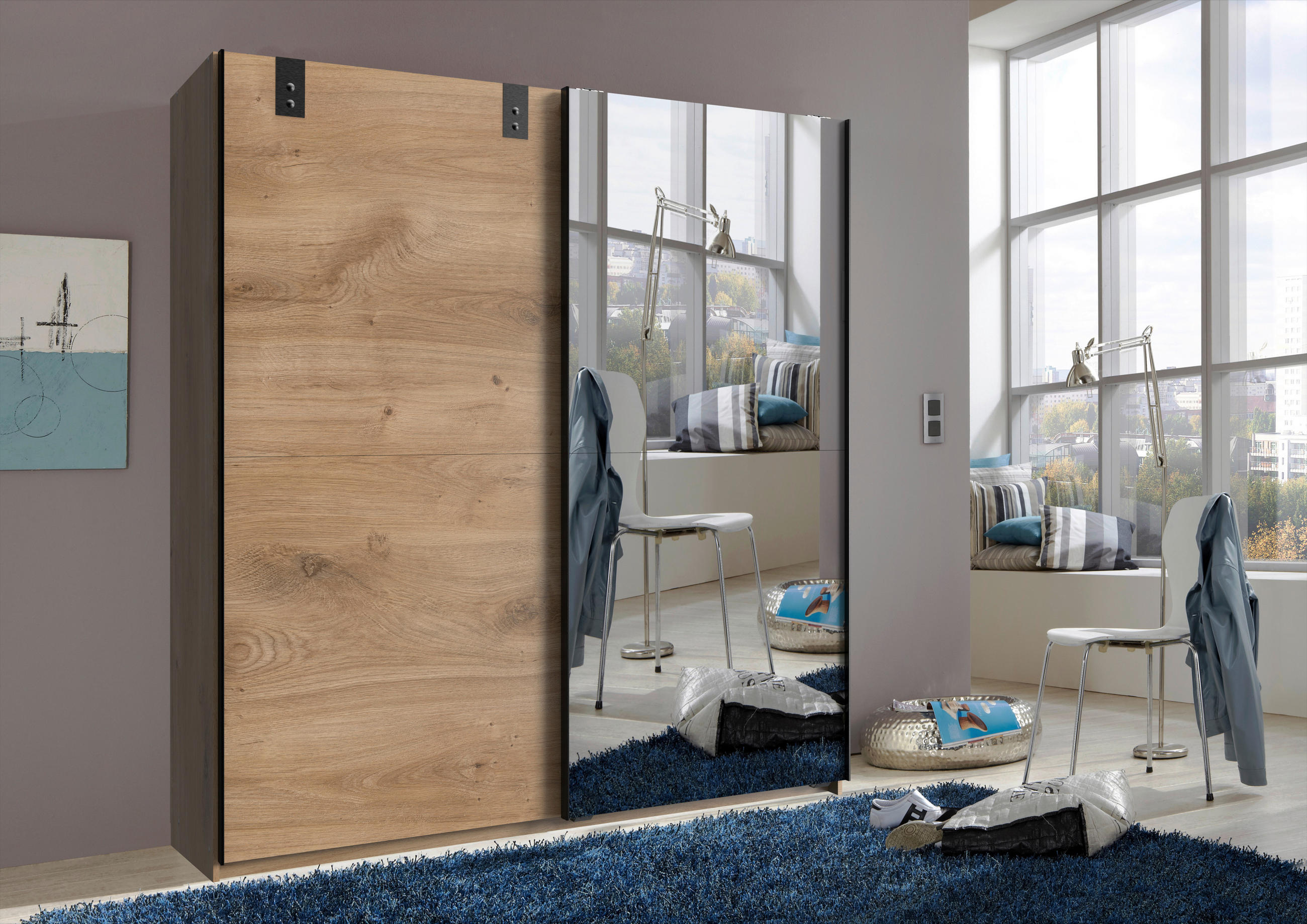 SCHWEBETÜRENSCHRANK in Silberfarben, Eichefarben  - Eichefarben/Silberfarben, Basics, Holzwerkstoff (180/198/64cm) - MID.YOU