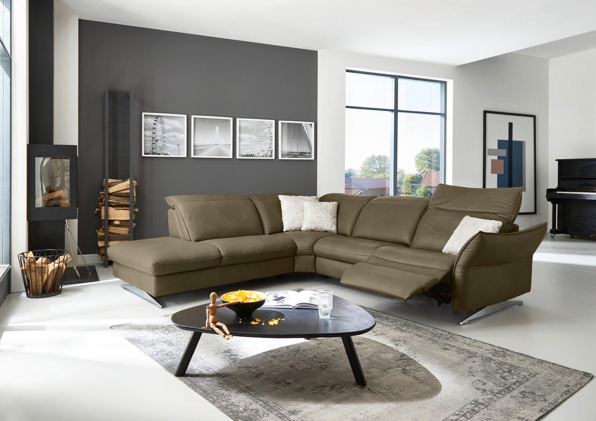 ECKSOFA in Echtleder Mokka  - Edelstahlfarben/Mokka, Design, Leder/Metall (258/292cm) - Hukla