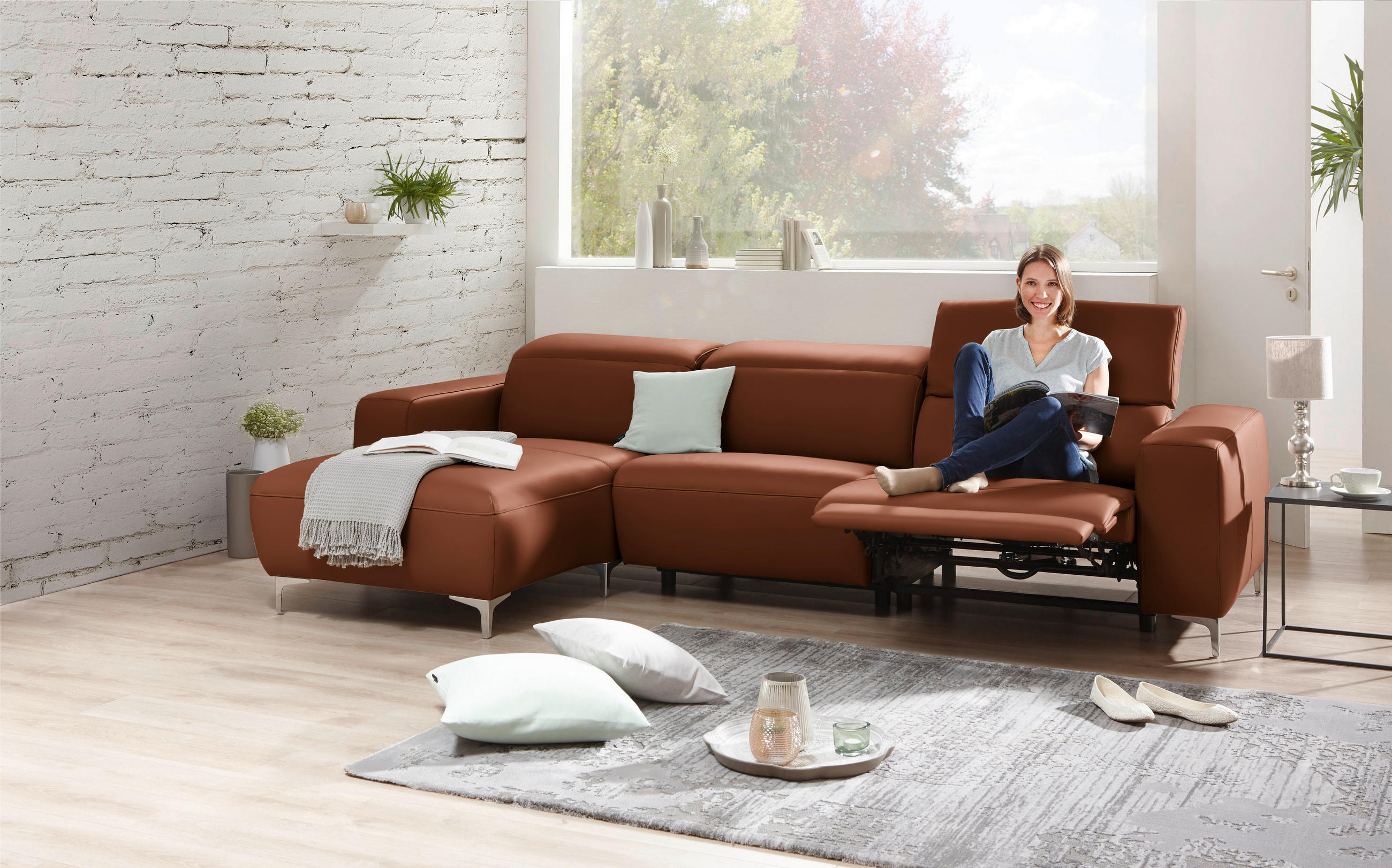 ECKSOFA Braun Echtleder  - Chromfarben/Braun, Design, Leder/Metall (177/292cm) - Pure Home Lifestyle