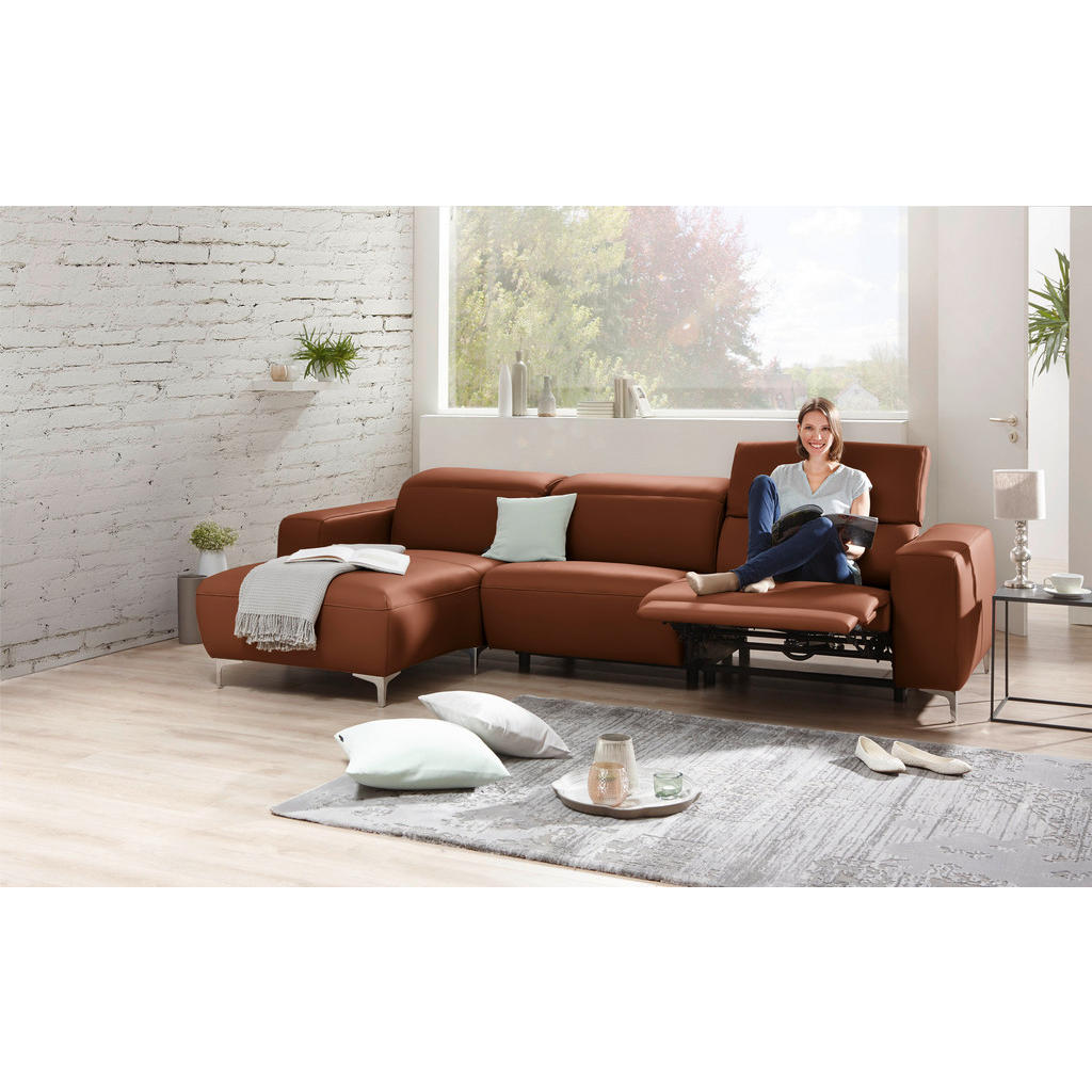 Thumbnail - Pure Home Lifestyle Ecksofa, Braun, Leder, Echtleder, Dickleder, Uni, 4-Sitzer, Ottomane links, L-Form, 292x177 cm, Blau...