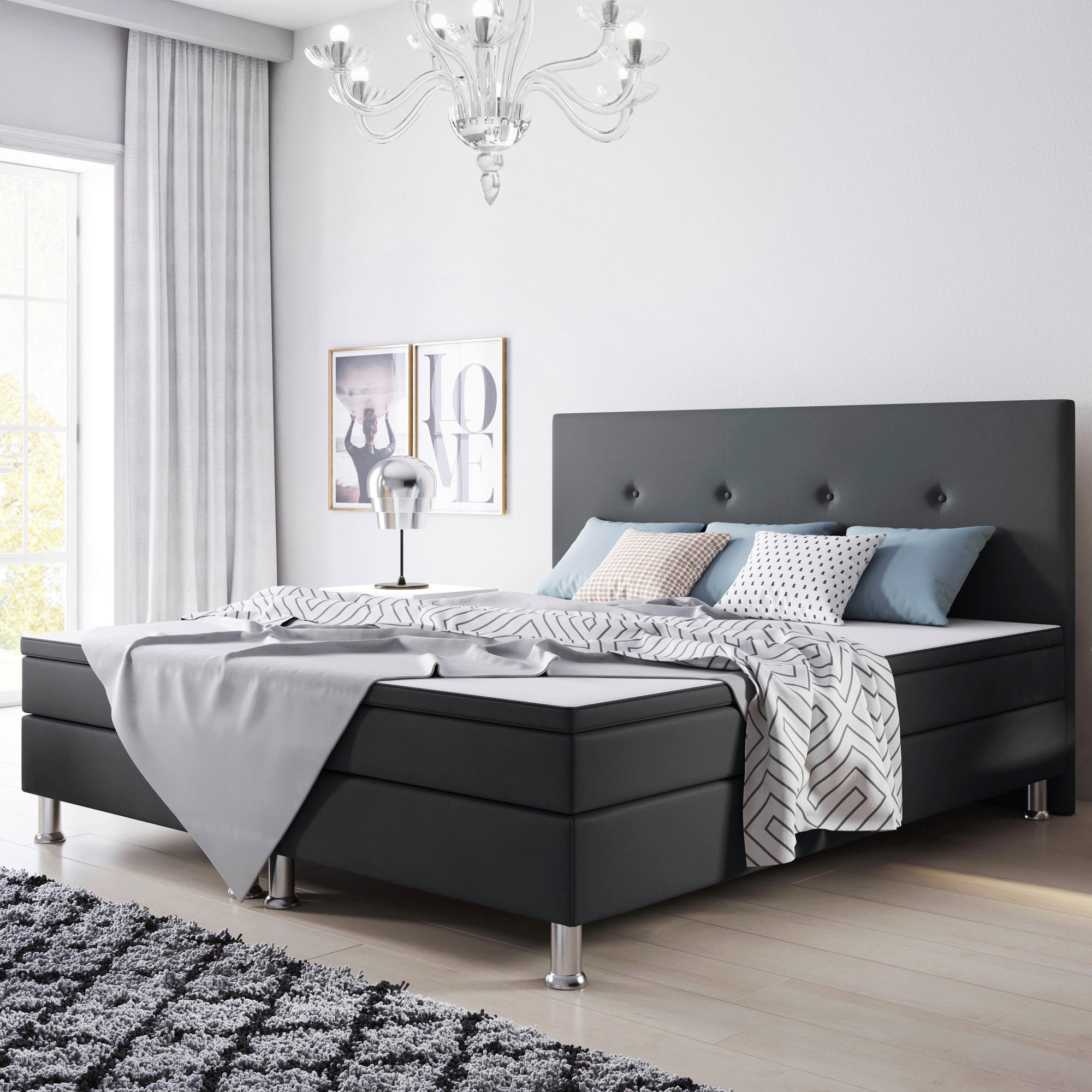 BOXSPRINGBETT 180/200 cm  in Anthrazit  - Anthrazit/Silberfarben, KONVENTIONELL, Textil/Metall (180/200cm) - MID.YOU