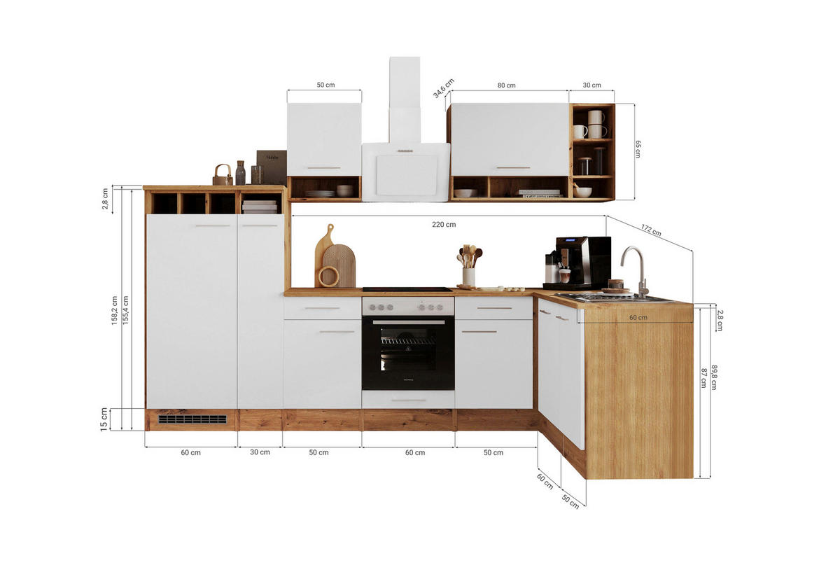 HÖRNKÖK 310/172 cm  i vit, skogsek  - vit/skogsek, Basics, metall/trämaterial (310/172cm) - Respekta