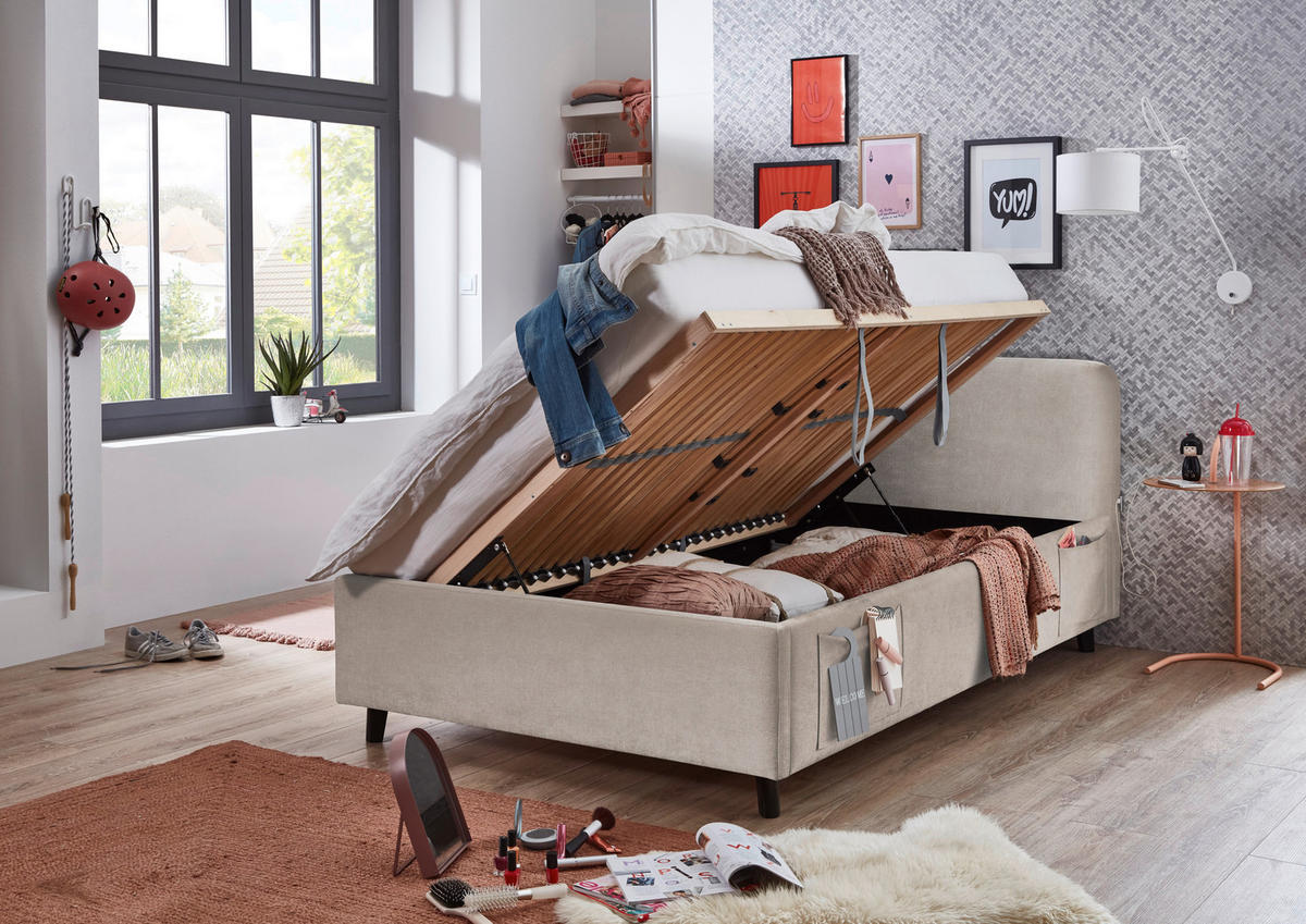POLSTERBETT 120/200 cm,  in Schwarz, Beige, Lattenrost, Bettkasten, Betttasche,  - Birkefarben/Beige, KONVENTIONELL, Holz/Textil (120/200cm) - Boxxx
