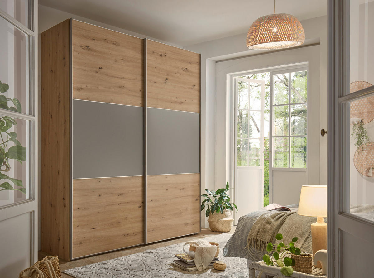 SCHWEBETÜRENSCHRANK 225/222/68 cm 2-türig Hellgrau, Eiche Artisan  - Hellgrau/Alufarben, Holzwerkstoff/Metall (225/222/68cm) - Moderano