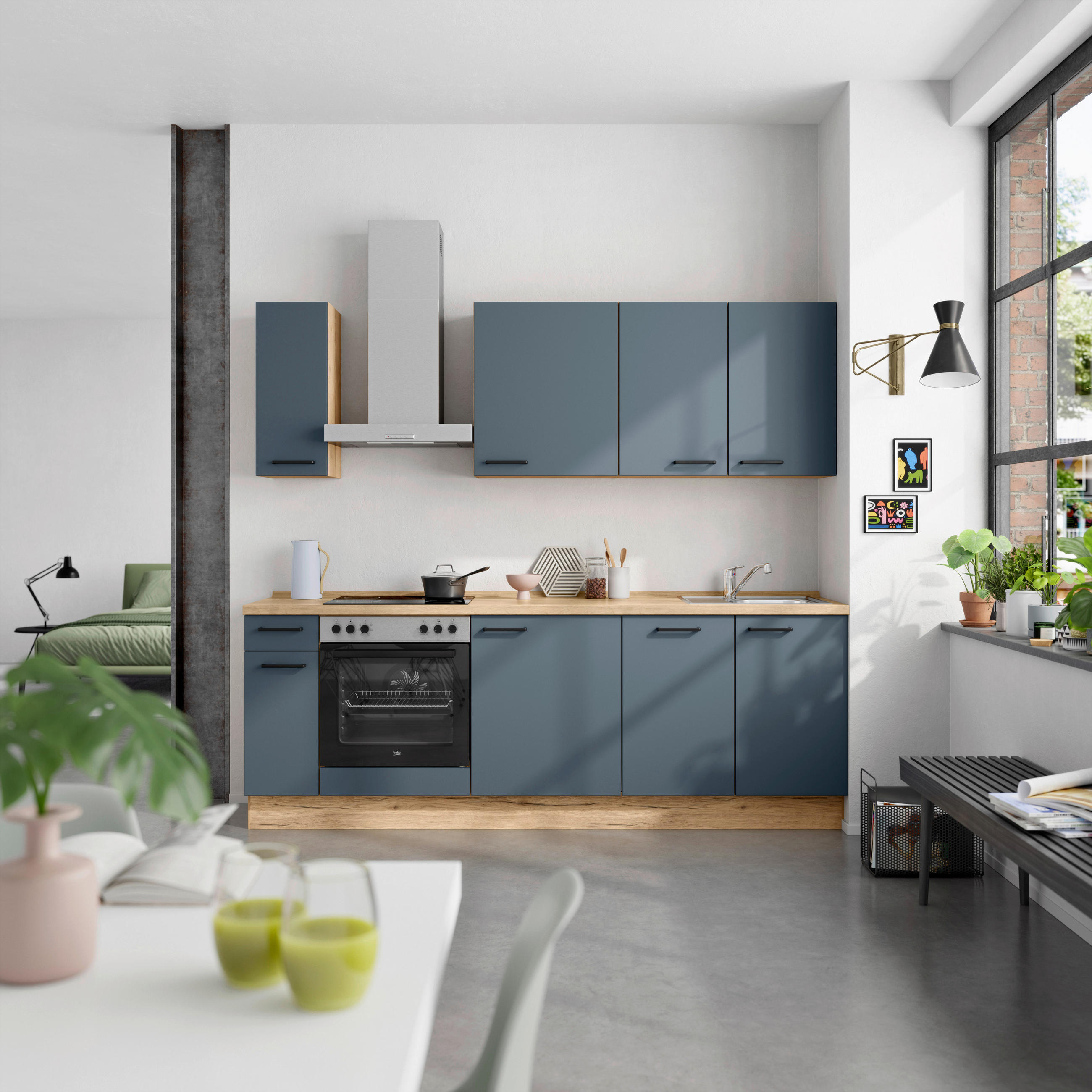 KÜCHENBLOCK 240 cm   in Eichefarben, Dunkelblau  - Eichefarben/Schwarz, MODERN, Holzwerkstoff/Metall (240cm) - Nobilia