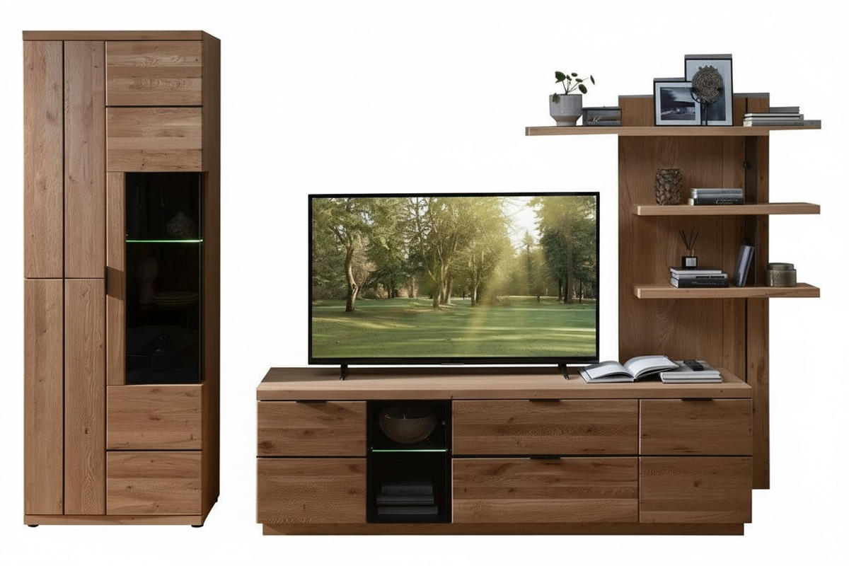 WOHNWAND  in Schwarz, Wildeiche  310/207/50 cm  - Wildeiche/Schwarz, Natur, Glas/Holz (310/207/50cm) - Livetastic