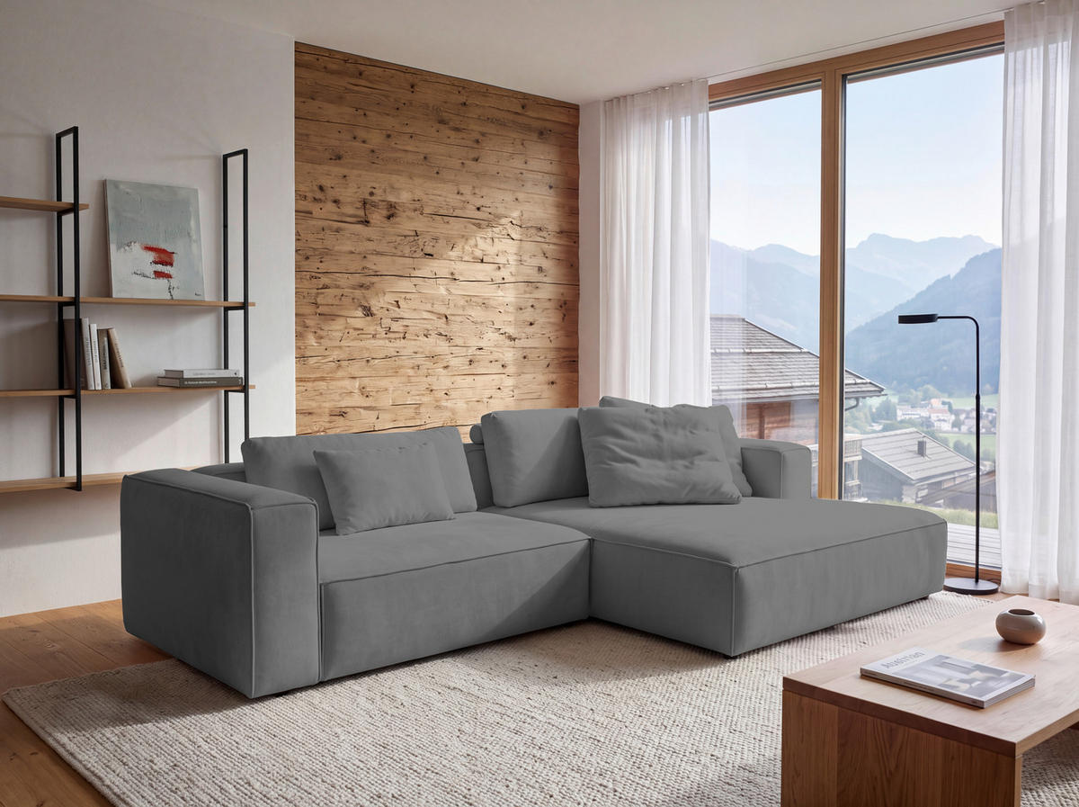 ECKSOFA Grau Chenille Rücken echt  - Schwarz/Grau, MODERN, Kunststoff/Textil (296/185cm) - Hom`in