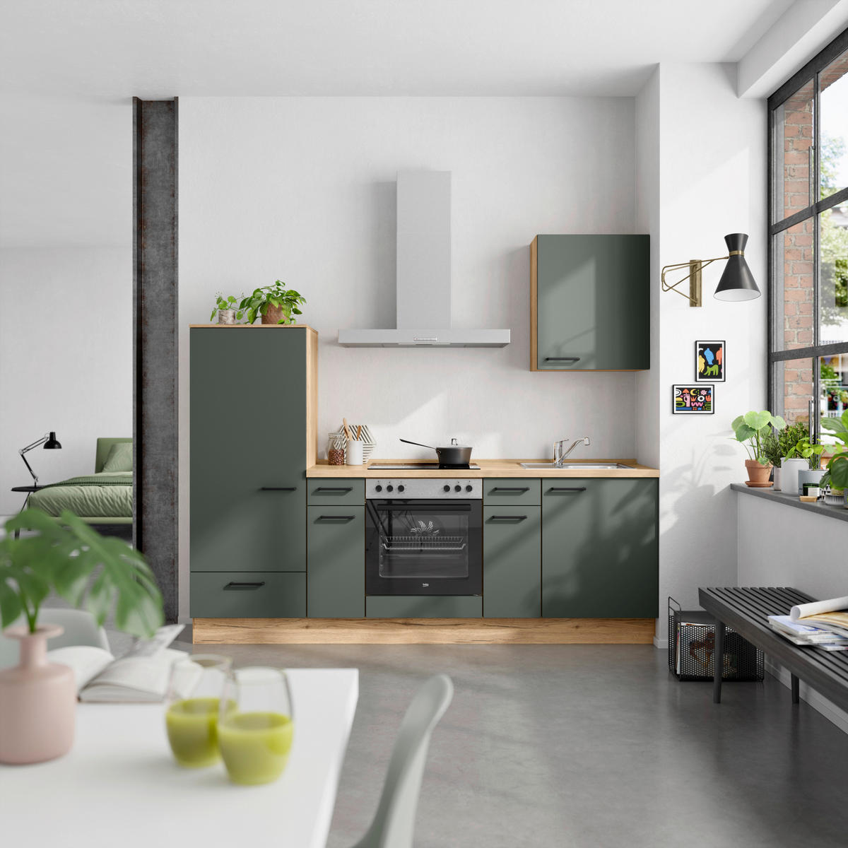 KÜCHENBLOCK 240 cm   in Eichefarben, Dunkelgrün  - Dunkelgrün/Eichefarben, MODERN, Holzwerkstoff/Metall (240cm) - Nobilia