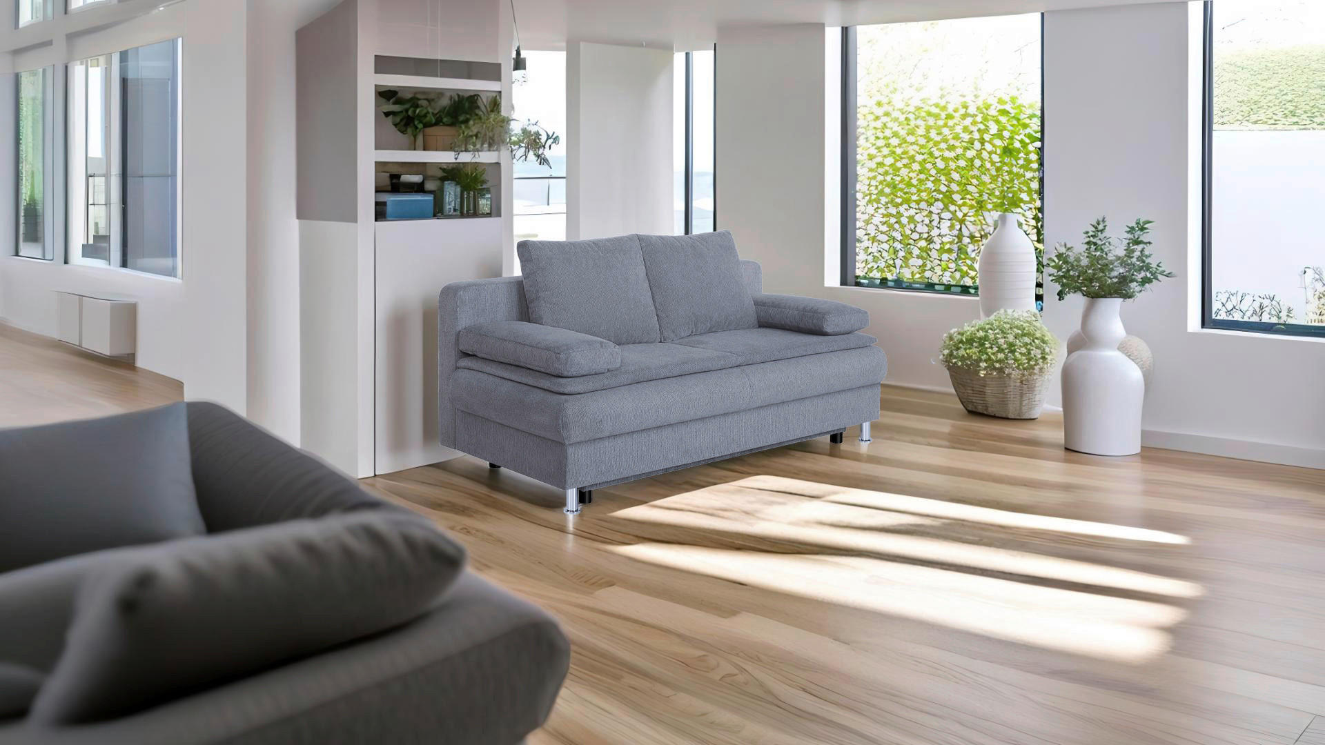 SCHLAFSOFA  mit Schlafen auf Sitzhöhe Webstoff Grau  - Chromfarben/Schwarz, Design, Kunststoff/Textil (200/92/90cm) - P & B