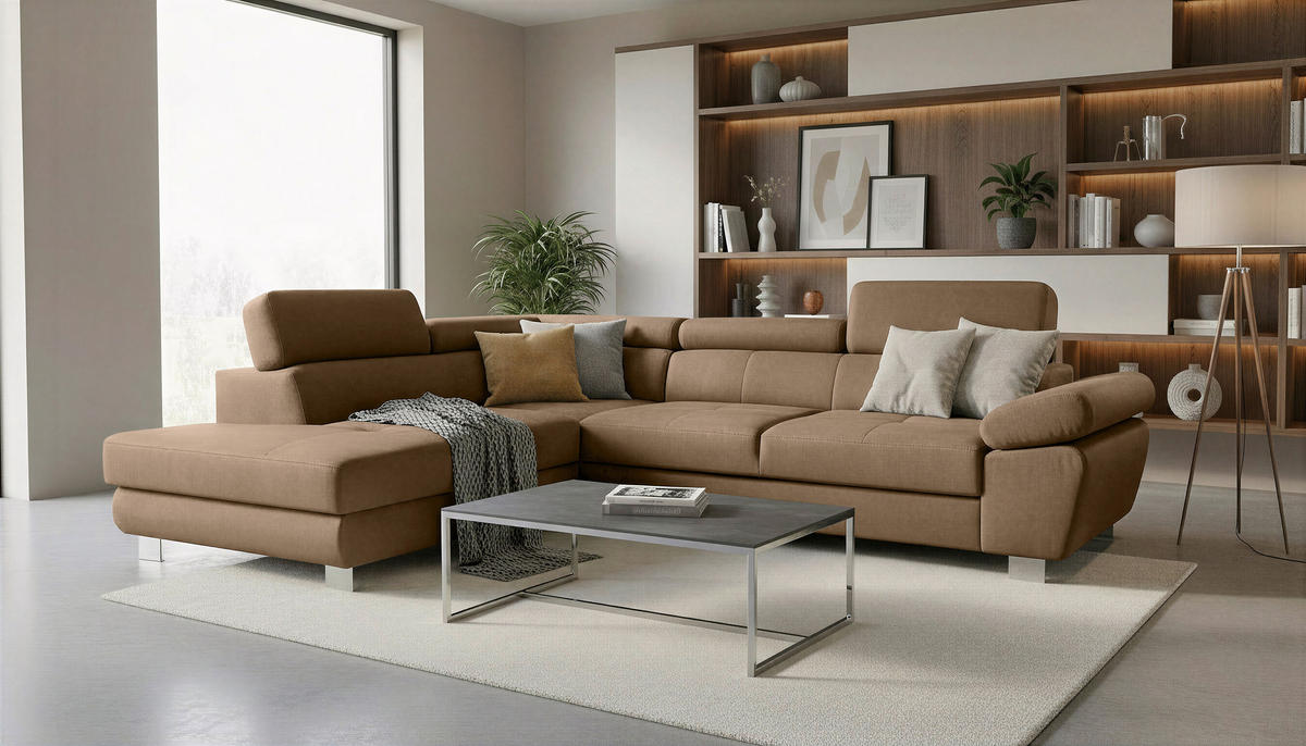 ECKSOFA Braun Webstoff Bettkasten, Schlaffunktion, Rücken echt, Armteilverstellung, Kopfteilverstellung  - Chromfarben/Braun, MODERN, Textil/Metall (205/278cm) - Stylife