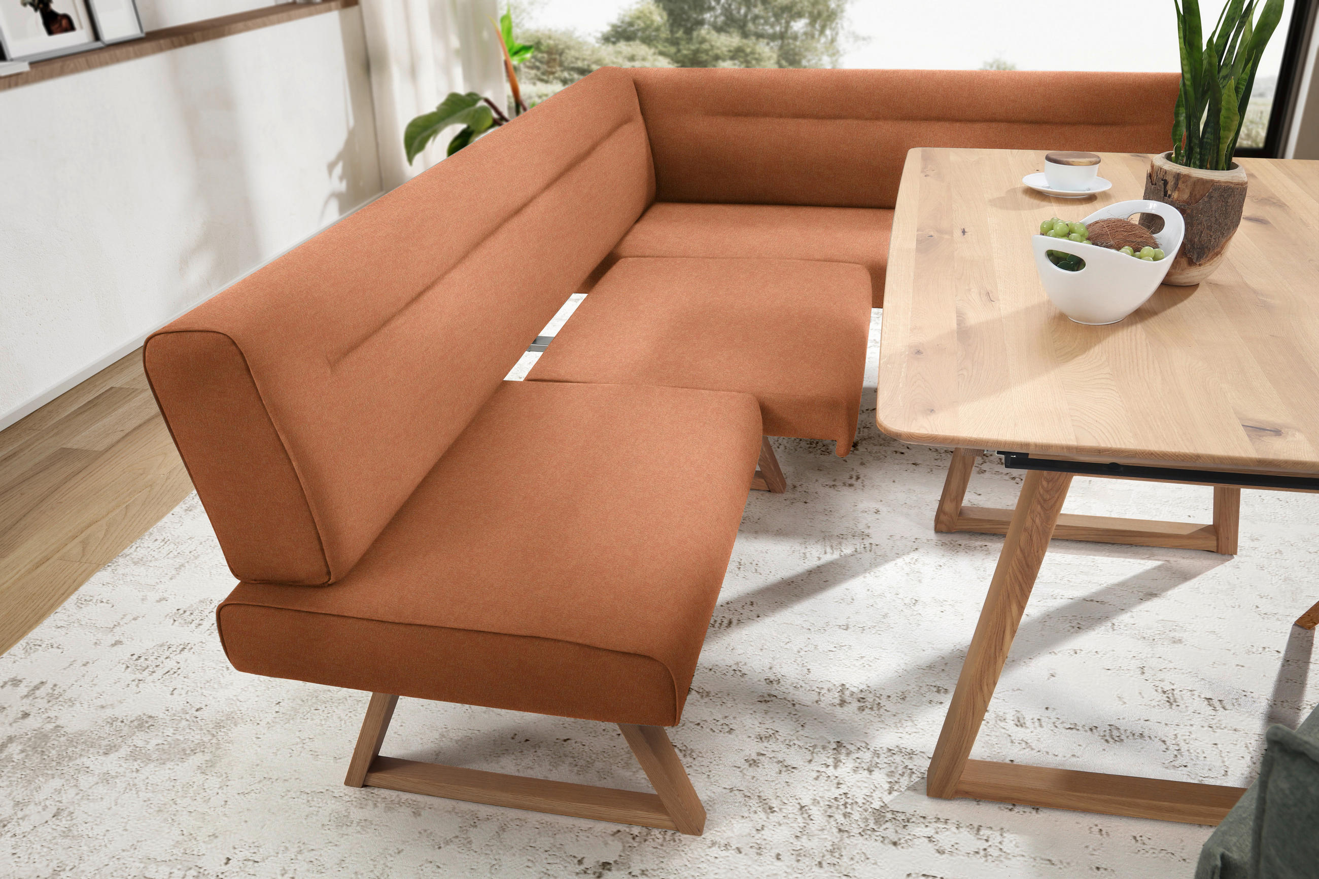 Thumbnail - Moderano Eckbank, Eiche, Cognac, Holz, Textil, Wildeiche, massiv, 5-Sitzer, L-Form, 230x170 cm, Fußauswahl, Stoffauswahl...