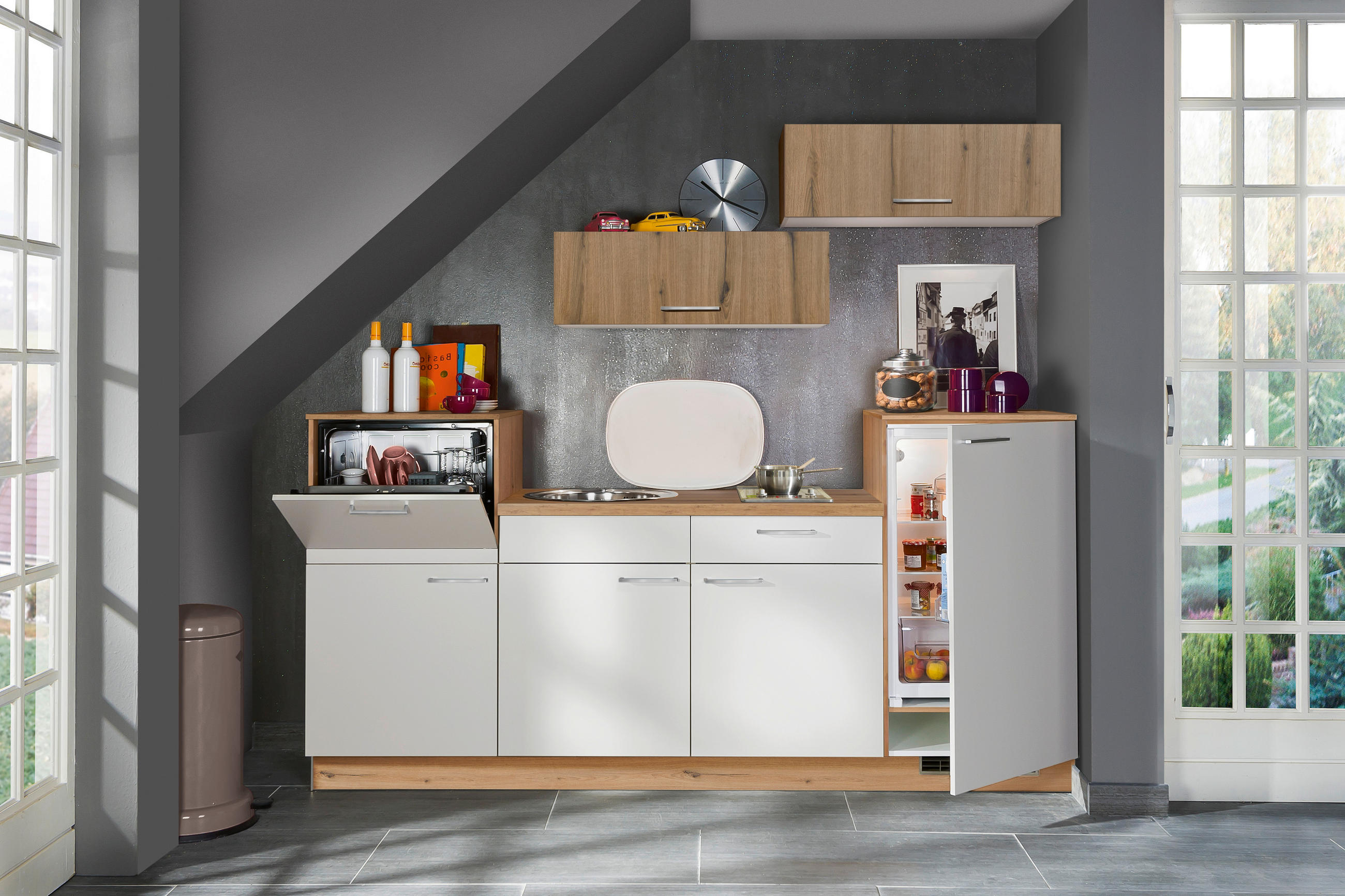 KÜCHENBLOCK 240 cm   in Weiß, Eichefarben  - Edelstahlfarben/Eichefarben, KONVENTIONELL, Holzwerkstoff/Metall (240cm) - Welnova