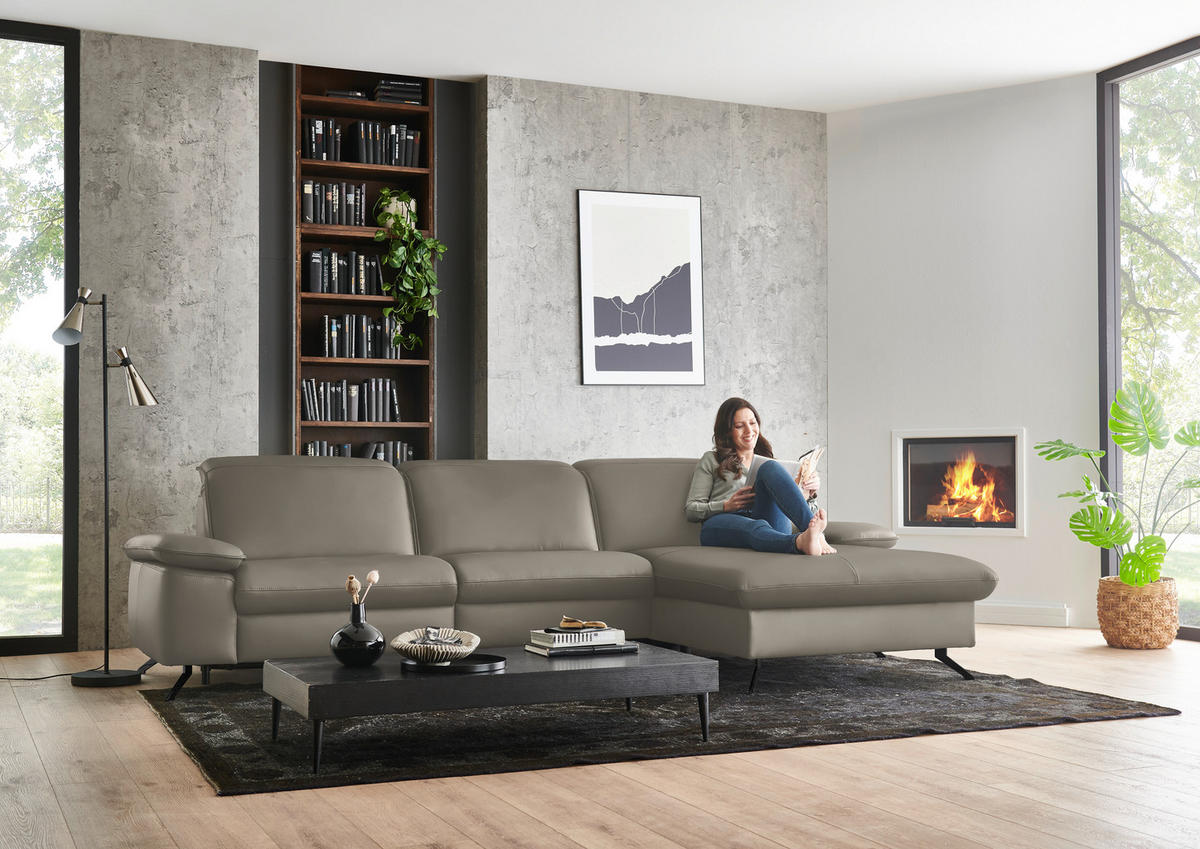 ECKSOFA  Echtleder Cappuccino  - Schwarz/Cappuccino, Design, Leder/Metall (307/169cm) - Beldomo Premium