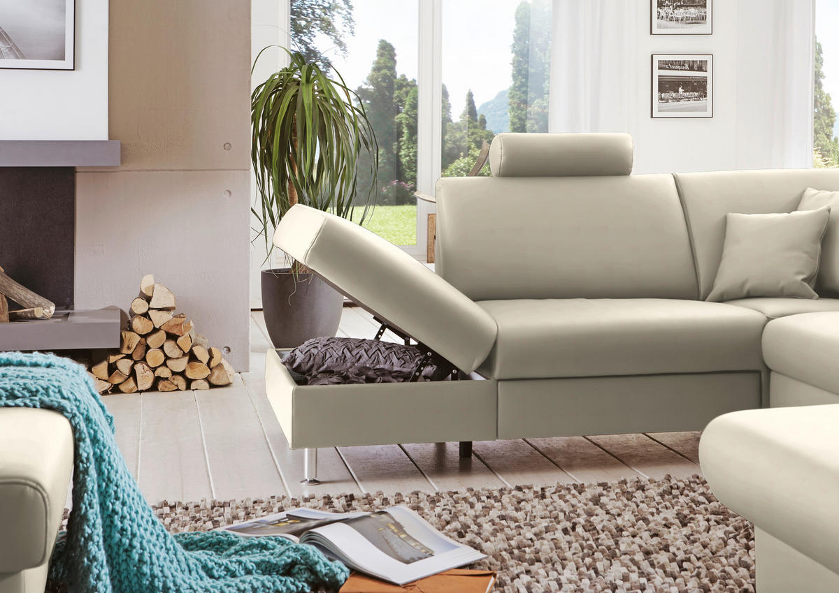 WOHNLANDSCHAFT in Echtleder Creme  - Creme/Alufarben, Design, Leder/Metall (233/339/165cm) - Beldomo Premium