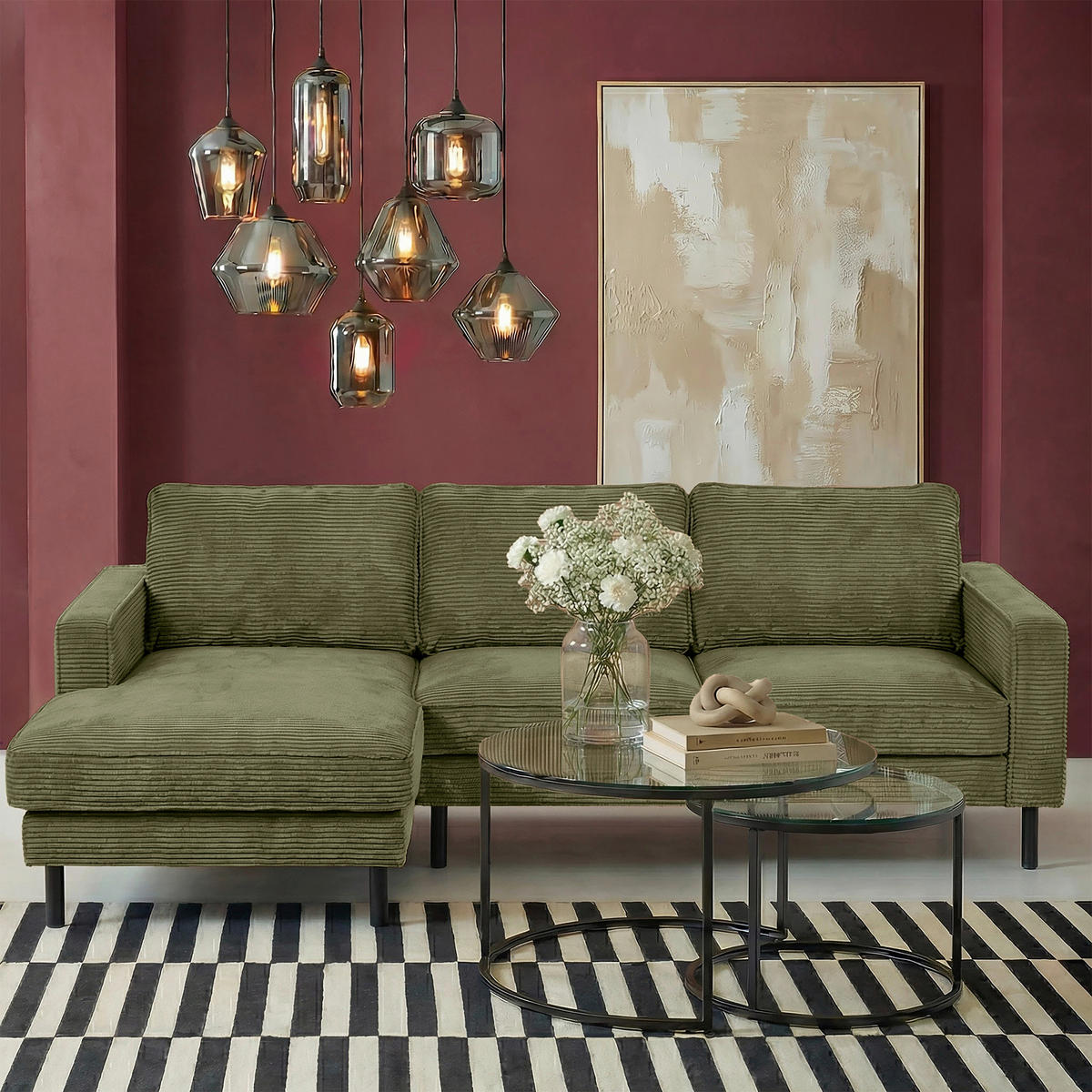 ECKSOFA Cord Olivgrün  - Schwarz/Olivgrün, Design, Textil/Metall (166/238cm) - Livetastic