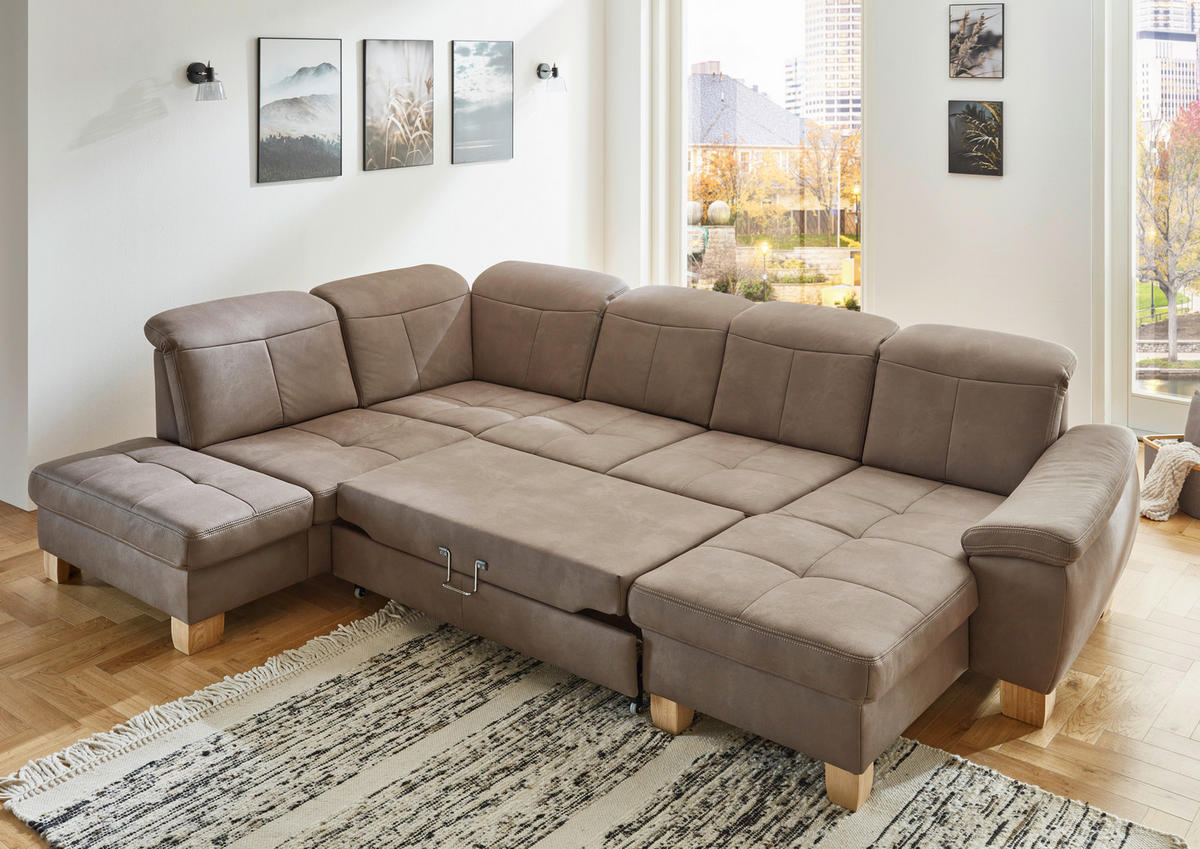 WOHNLANDSCHAFT in Mikrofaser Graubraun  - Wildeiche/Graubraun, KONVENTIONELL, Holz/Textil (243/343/185cm) - Voleo