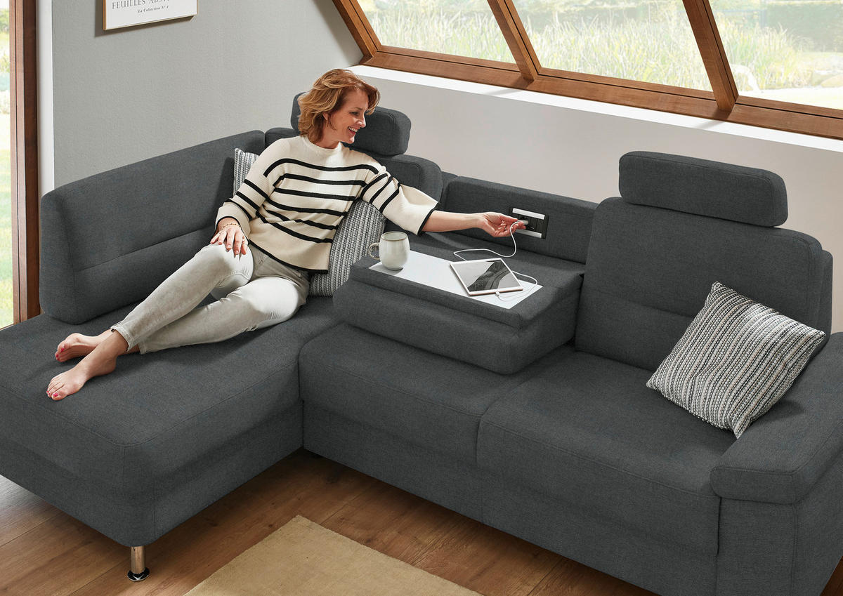 ECKSOFA Flachgewebe Anthrazit  - Anthrazit/Alufarben, Konventionell, Textil/Metall (160/244cm) - Beldomo Comfort