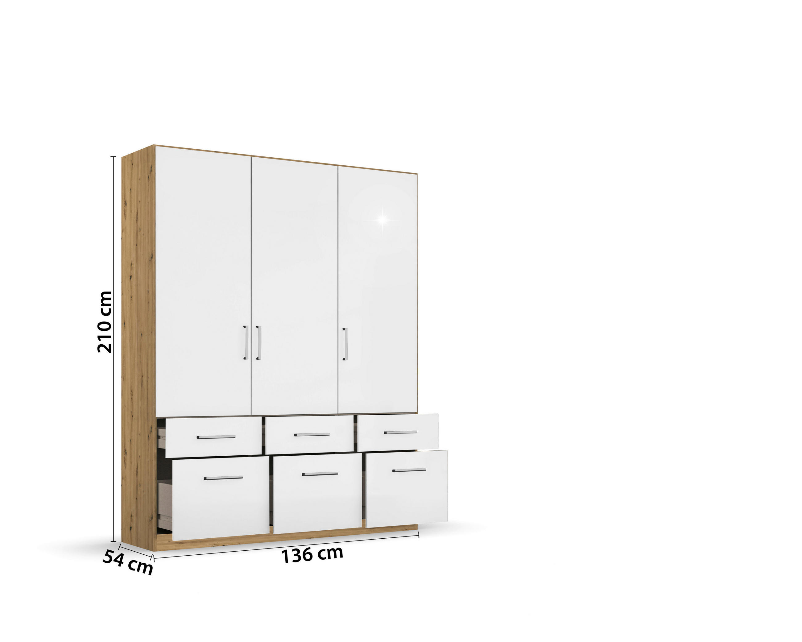 Thumbnail - Rauch Möbel Drehtürenschrank, Eiche Artisan, Weiß Hochglanz, Kunststoff, 2 Fächer, 6 Schubladen, 136x197x54 cm, Blauer E...