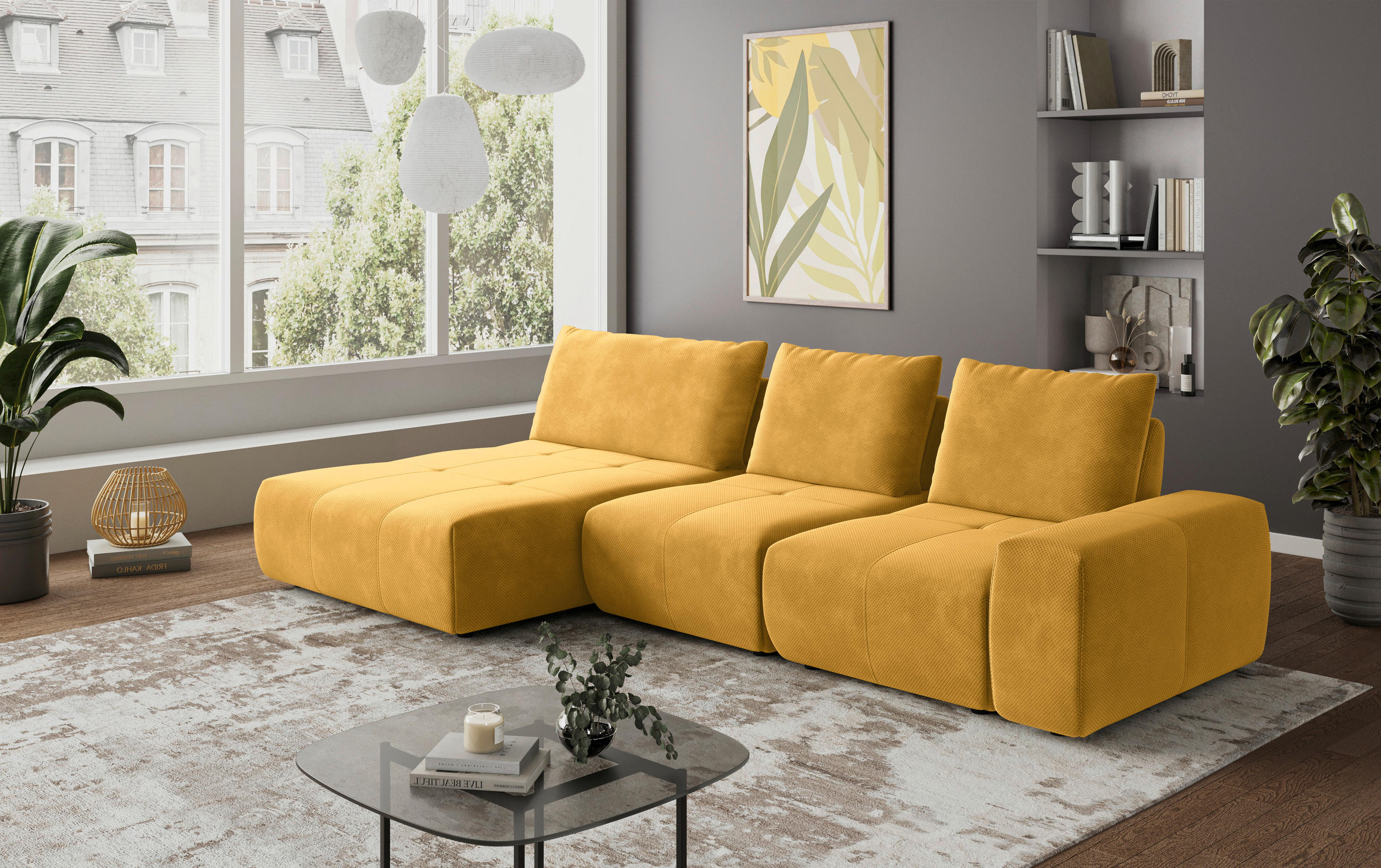 ECKSOFA in Velours Currygelb  - Currygelb/Schwarz, Design, Kunststoff/Textil (174/347cm) - Xora